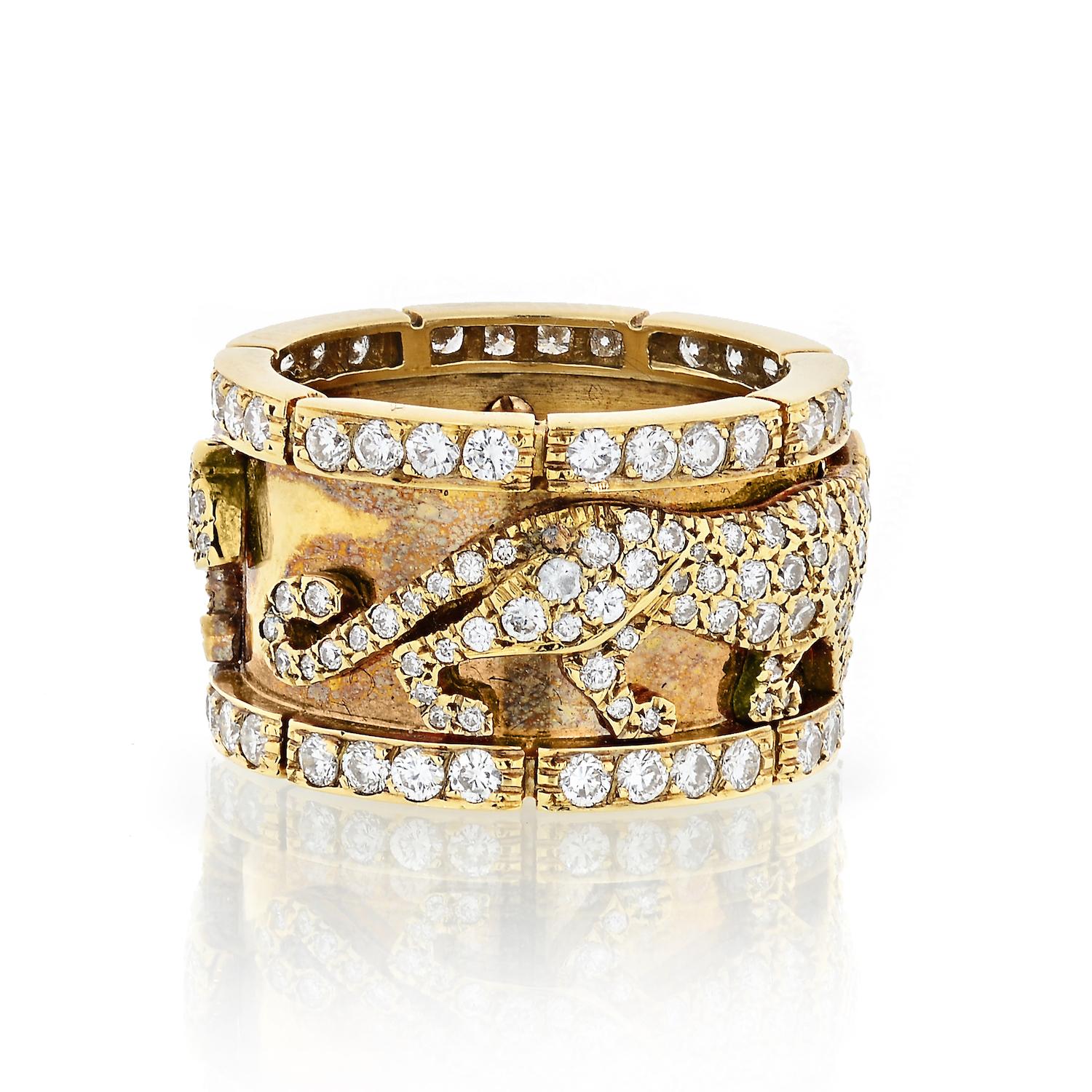 Contemporary Cartier Yellow Gold Walking Panther Wide Diamond Band Ring 