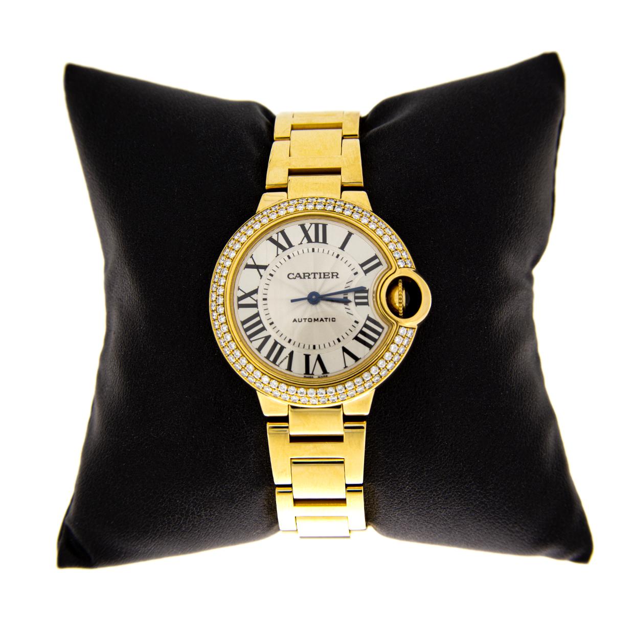 Ballon Bleu de Cartier Yellow Gold 33mm Pave Diamond Watch In Excellent Condition In Columbia, MO