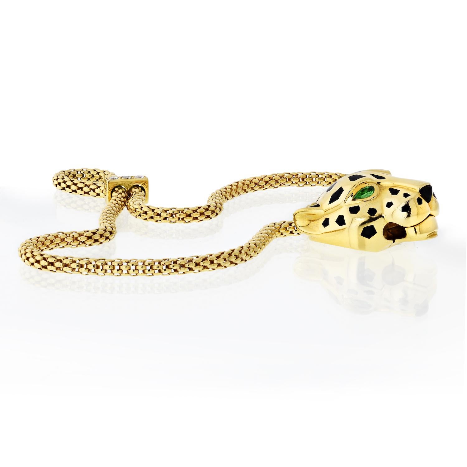 Modern Cartier Yellow Panthere Head Spotted Mesh Emerald Eyes Bracelet