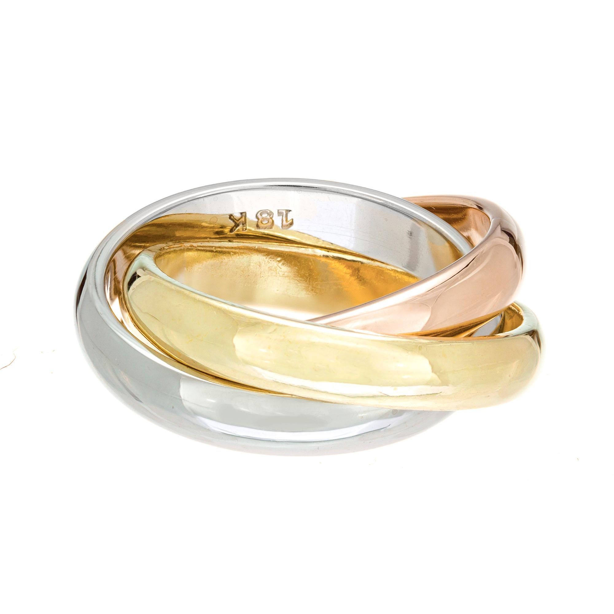 Cartier Trinity 3 band ring in 18k yellow gold, rose gold and white gold.

Size 4 and not easily sizable 
18k yellow gold
18k rose gold
18k white gold 
Stamped: 18k
Hallmark: Cartier
11.1 grams
Width at top: 3.4mm
Height at top: 1.47mm

