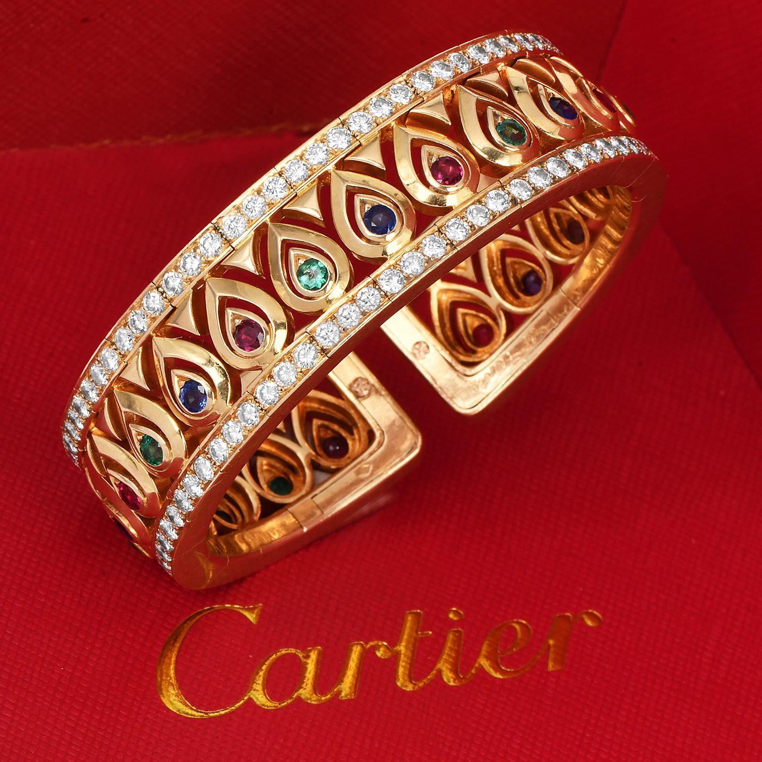 Modern Cartier Tanjore Diamond Gemstone 18K  French Bangle Bracelet For Sale
