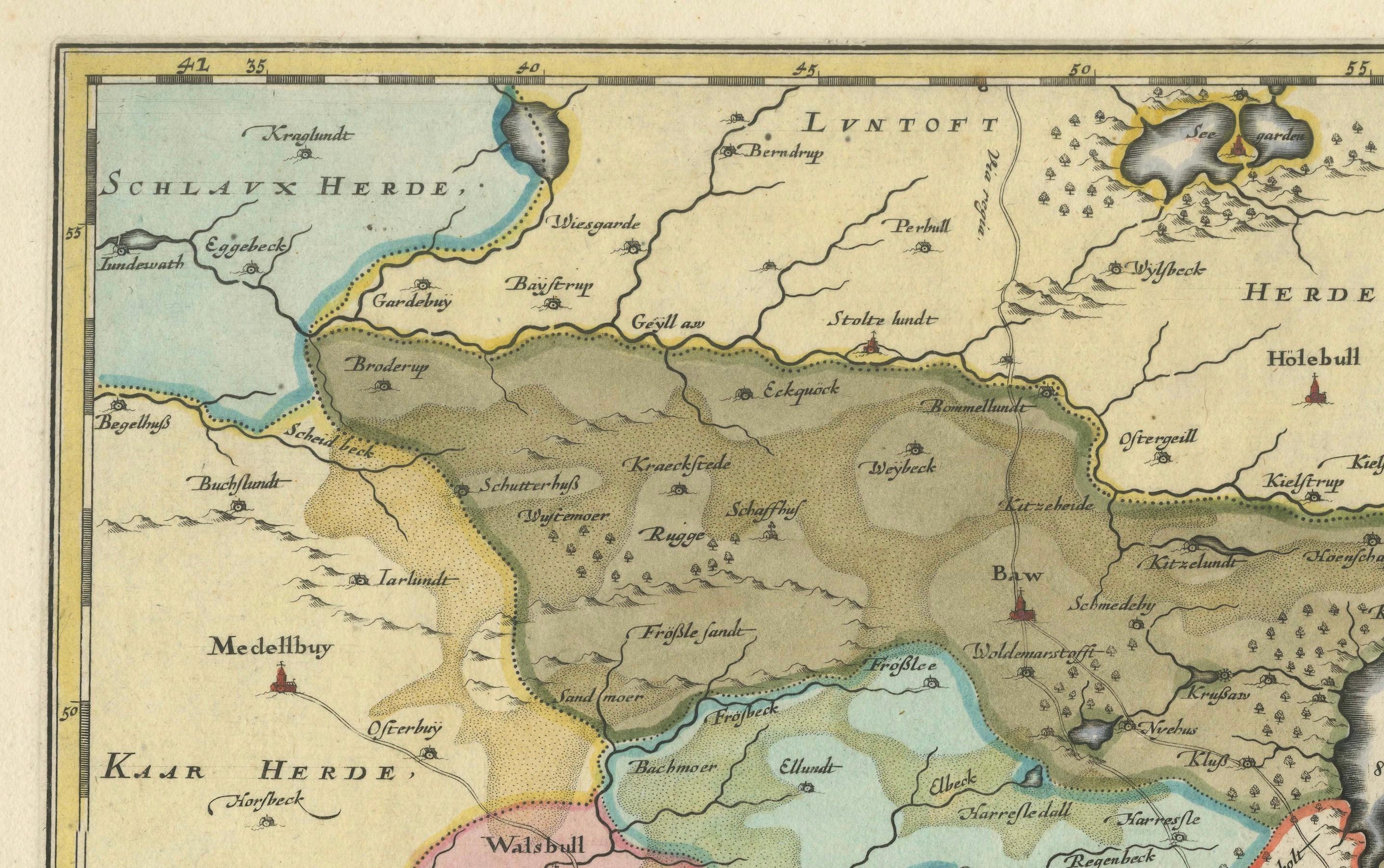 Title: Landtcarte Vonn dem Ambte Flensborg, ohne Nordgoeßherde. Anno 1648.

Description:

This exquisitely detailed and old coloured map of Flensburg was crafted by the noted cartographer Johannes Mejer (*1606 - †1674) and published in Husum by