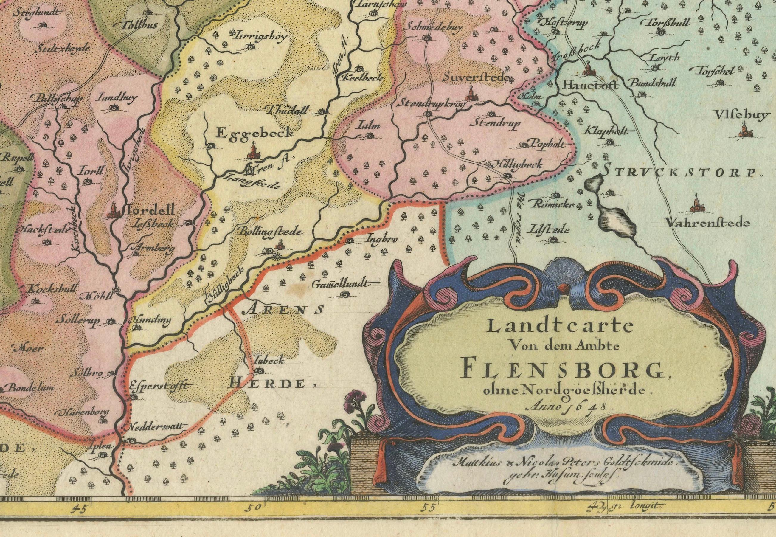 Cartographic Depiction of Flensburg and Surrounding Territories, Anno 1648 In Good Condition For Sale In Langweer, NL