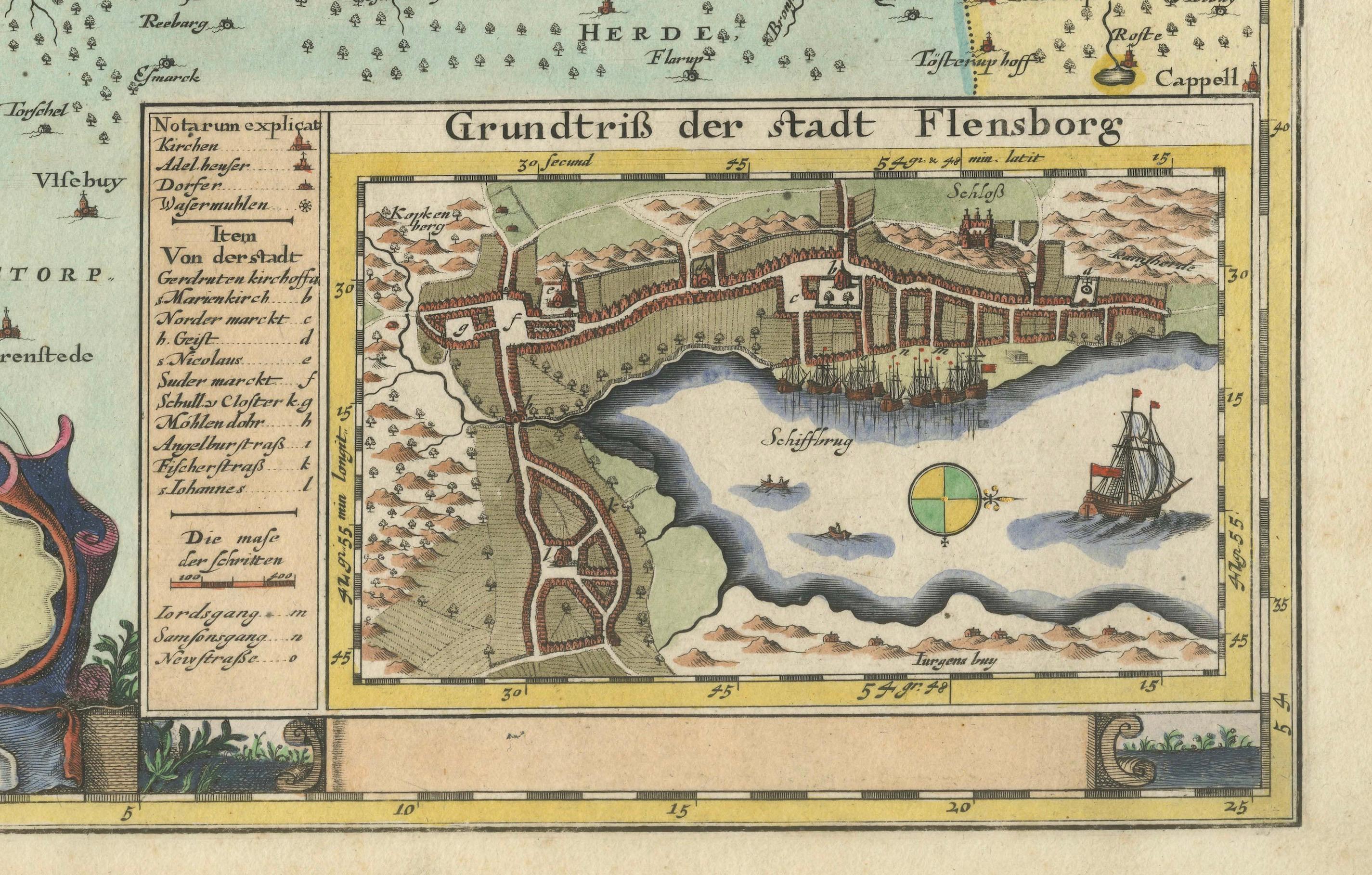 Mid-17th Century Cartographic Depiction of Flensburg and Surrounding Territories, Anno 1648 For Sale