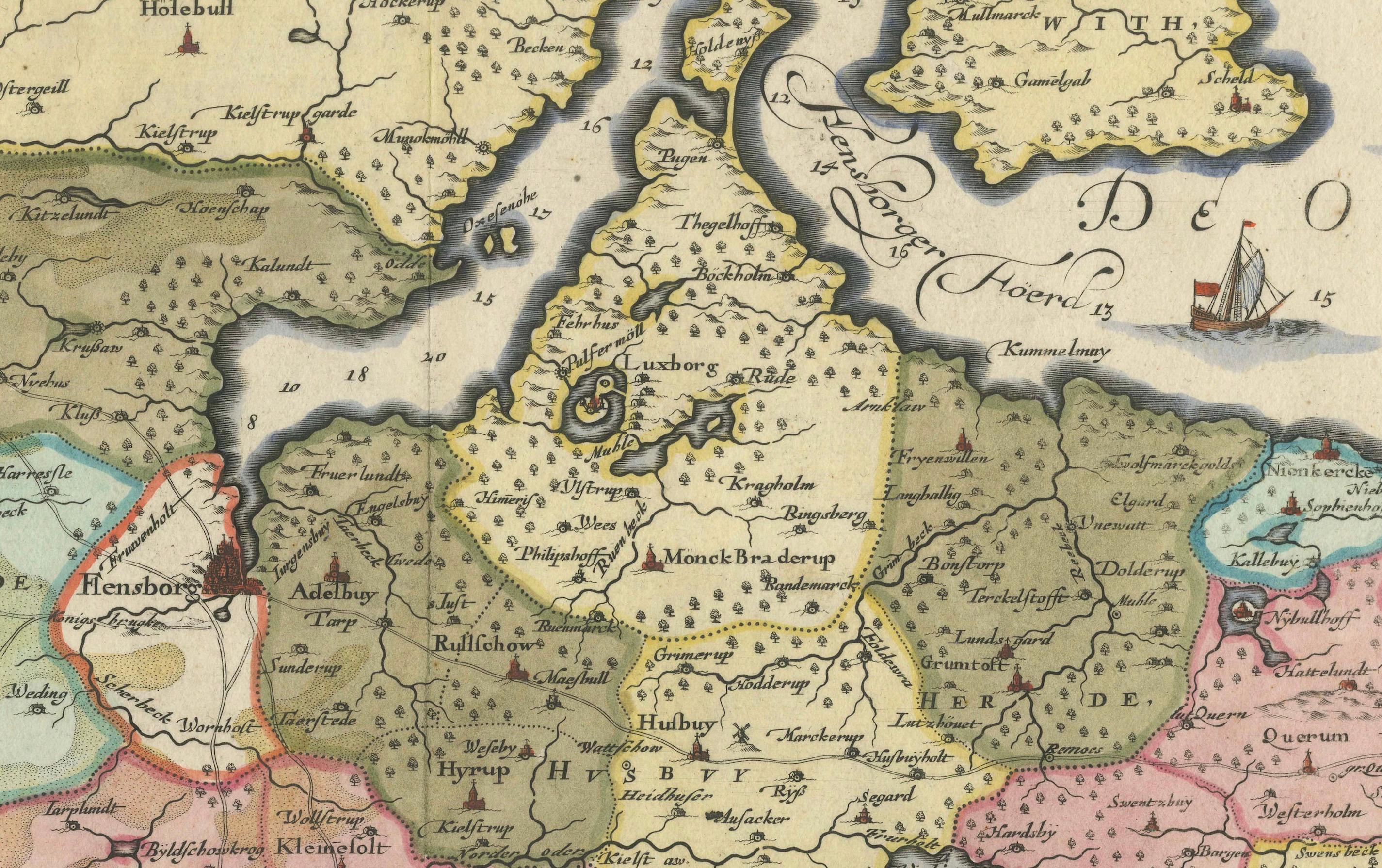 Paper Cartographic Depiction of Flensburg and Surrounding Territories, Anno 1648 For Sale