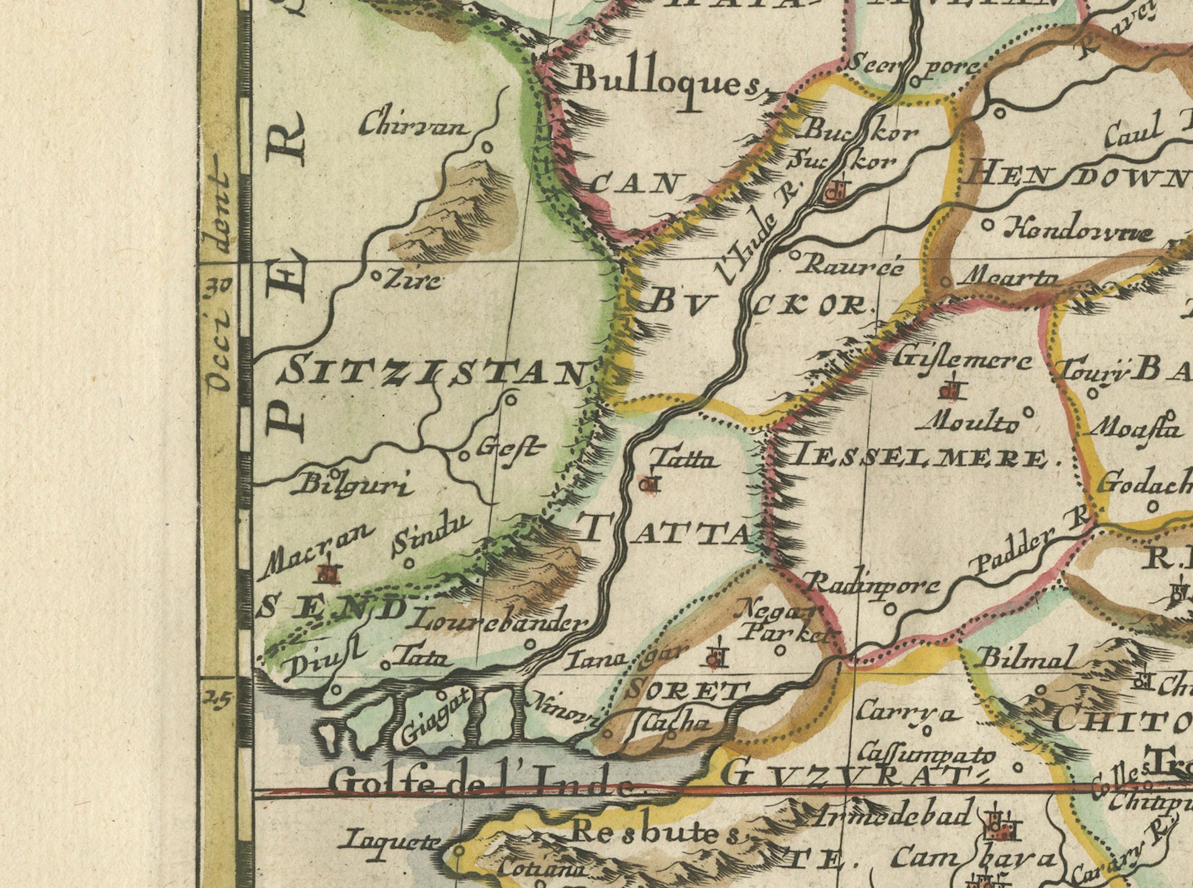 Cartographic Elegance of the Mughal Dominion in a Hand-Colored Antique Map, 1705 In Good Condition For Sale In Langweer, NL