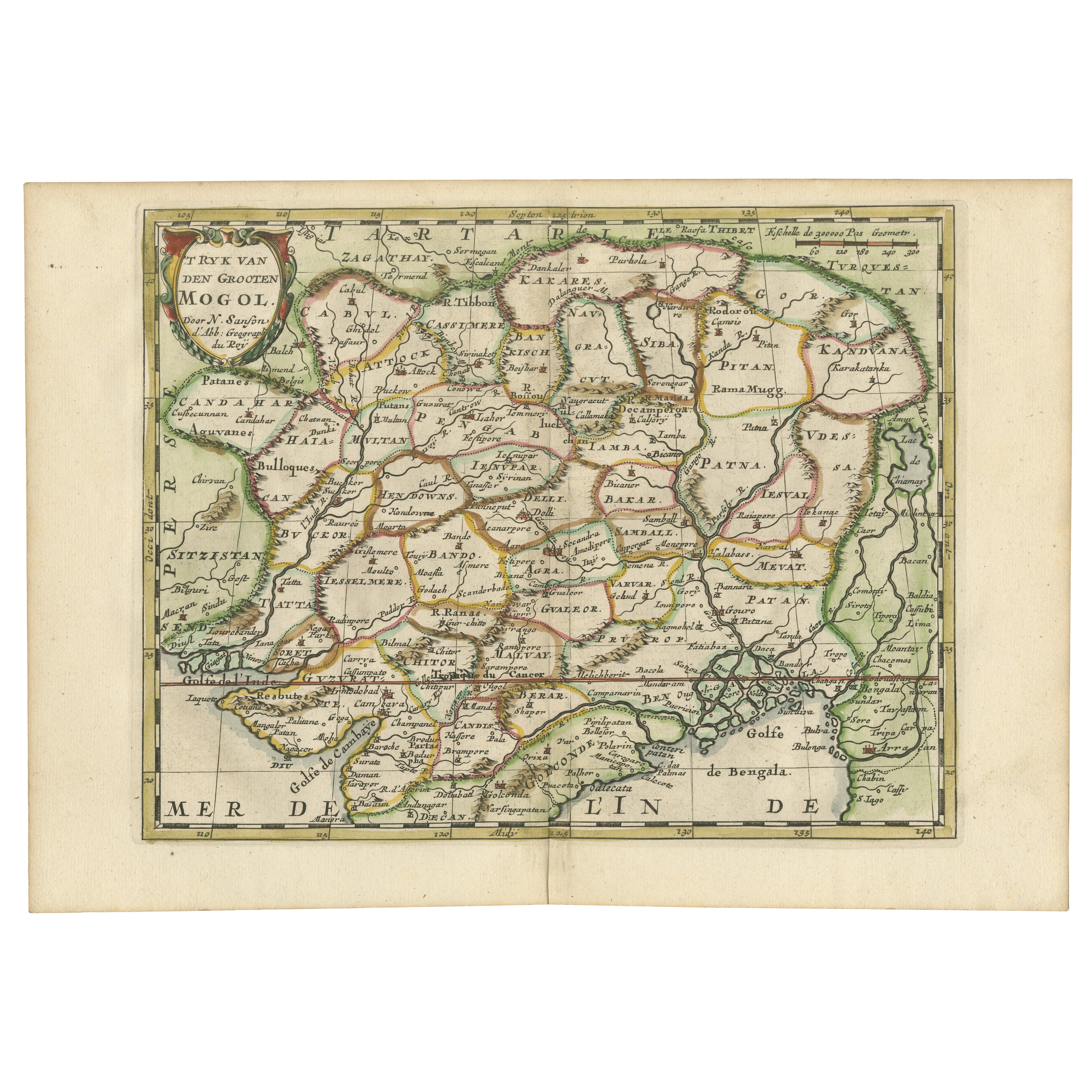 Eleganza cartografica del dominio Mughal in una mappa antica colorata a mano del 1705
