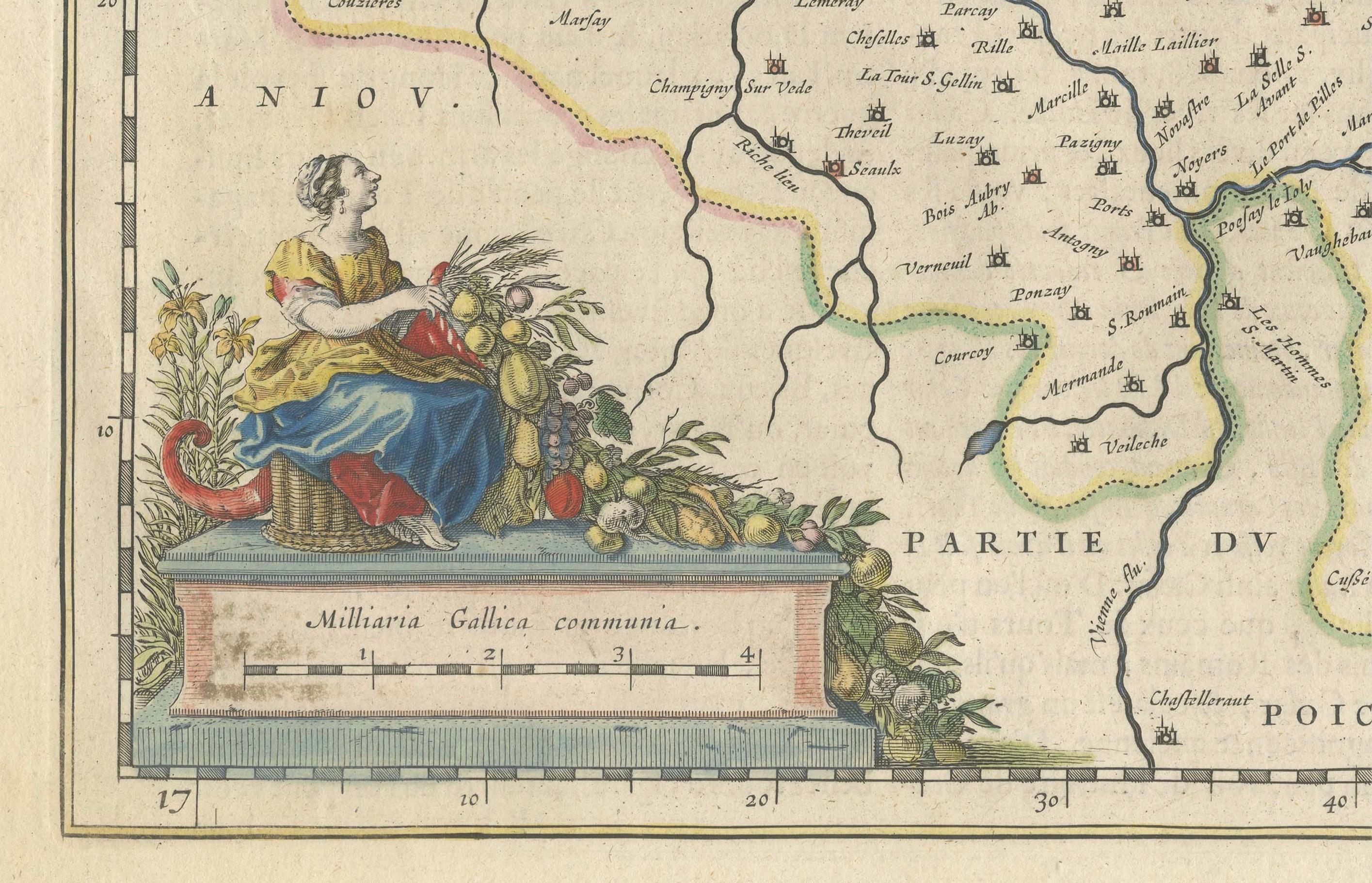 Cartographic Elegance of Touraine: A 17th-Century Map Showing French Heritage In Good Condition For Sale In Langweer, NL