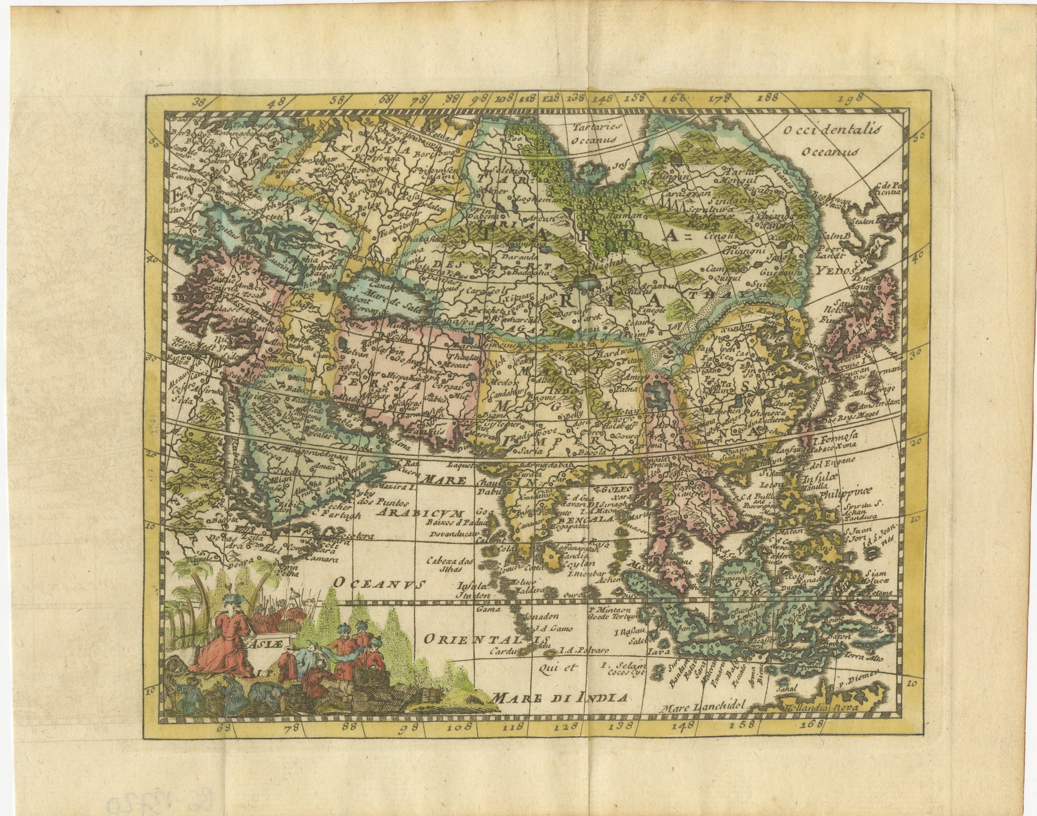 Diese originale antike Karte ist ein Artefakt aus einer entscheidenden Epoche der Kartografie und spiegelt nicht nur das geografische Wissen ihrer Zeit wider, sondern auch die Verflechtung von Kunst und Wissenschaft bei der Herstellung von Karten.