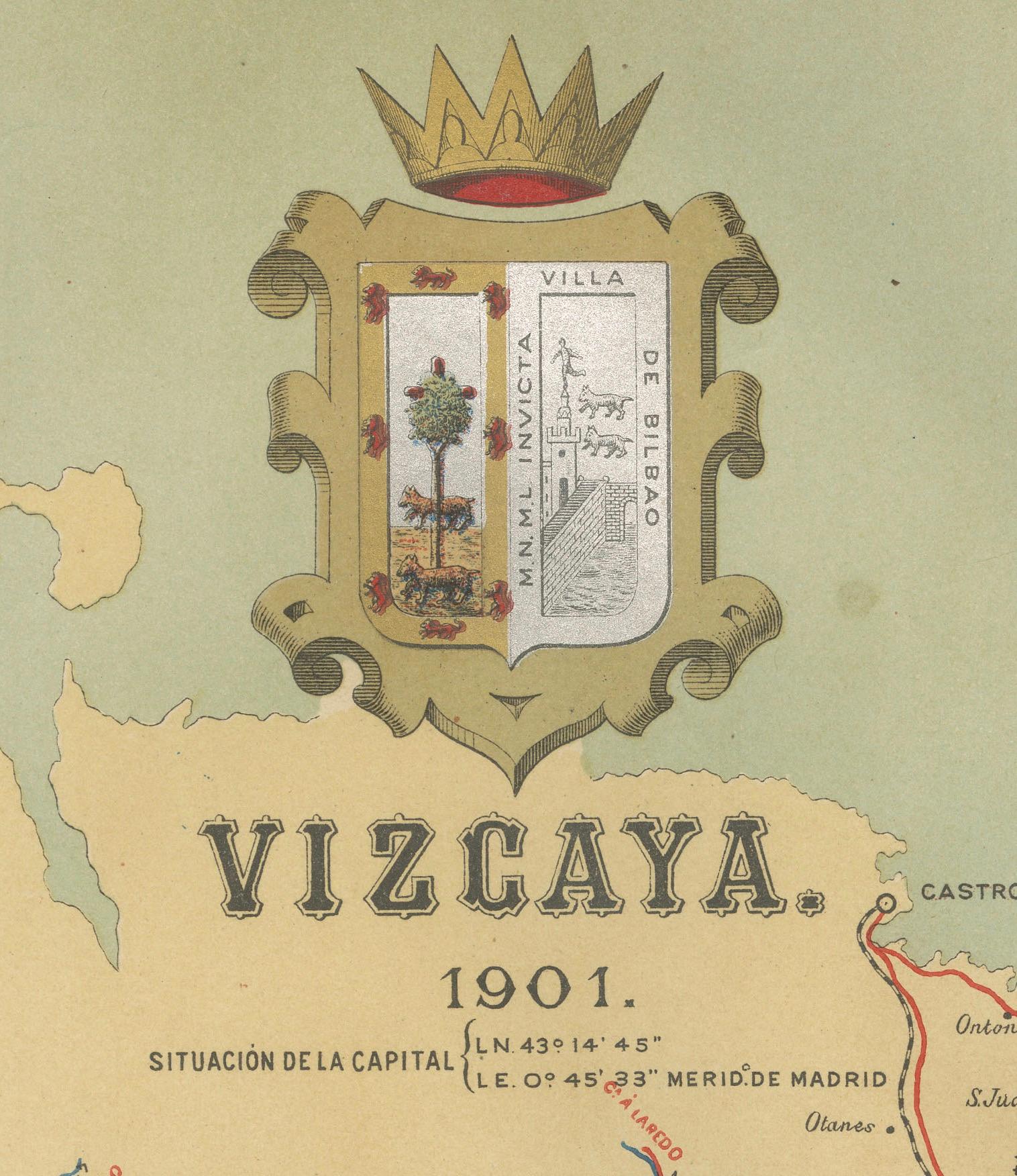 Early 20th Century Cartographic Heritage: The 1901 Map of the Vizcaya Province in Spain For Sale
