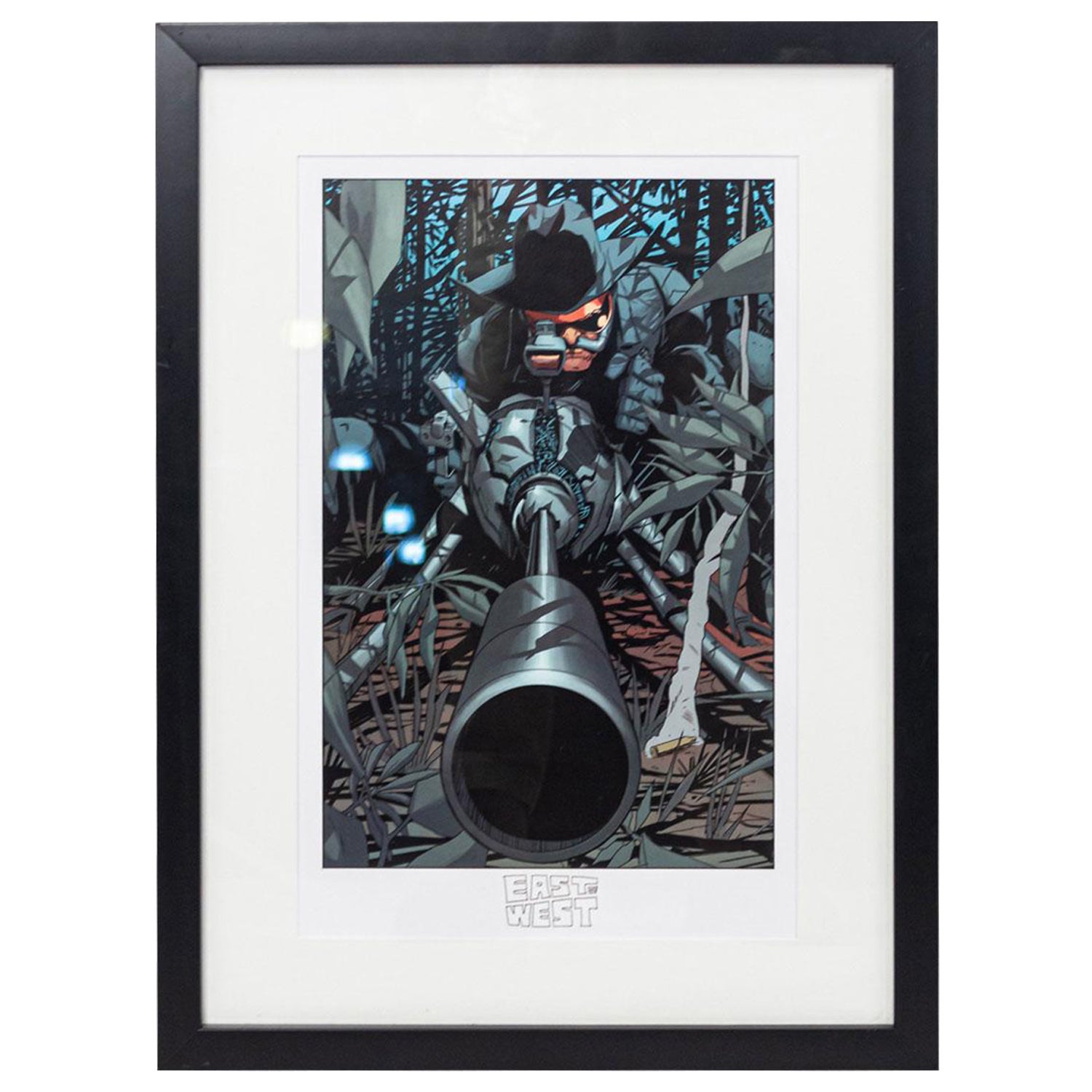 Cartoon Drawing of a Man with a Gun in the Jungle