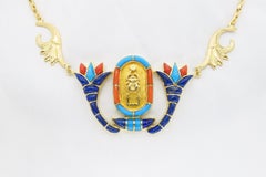 Cartouche Necklace Made in Gold with Lapis, Turquoise, and Coral Inlay