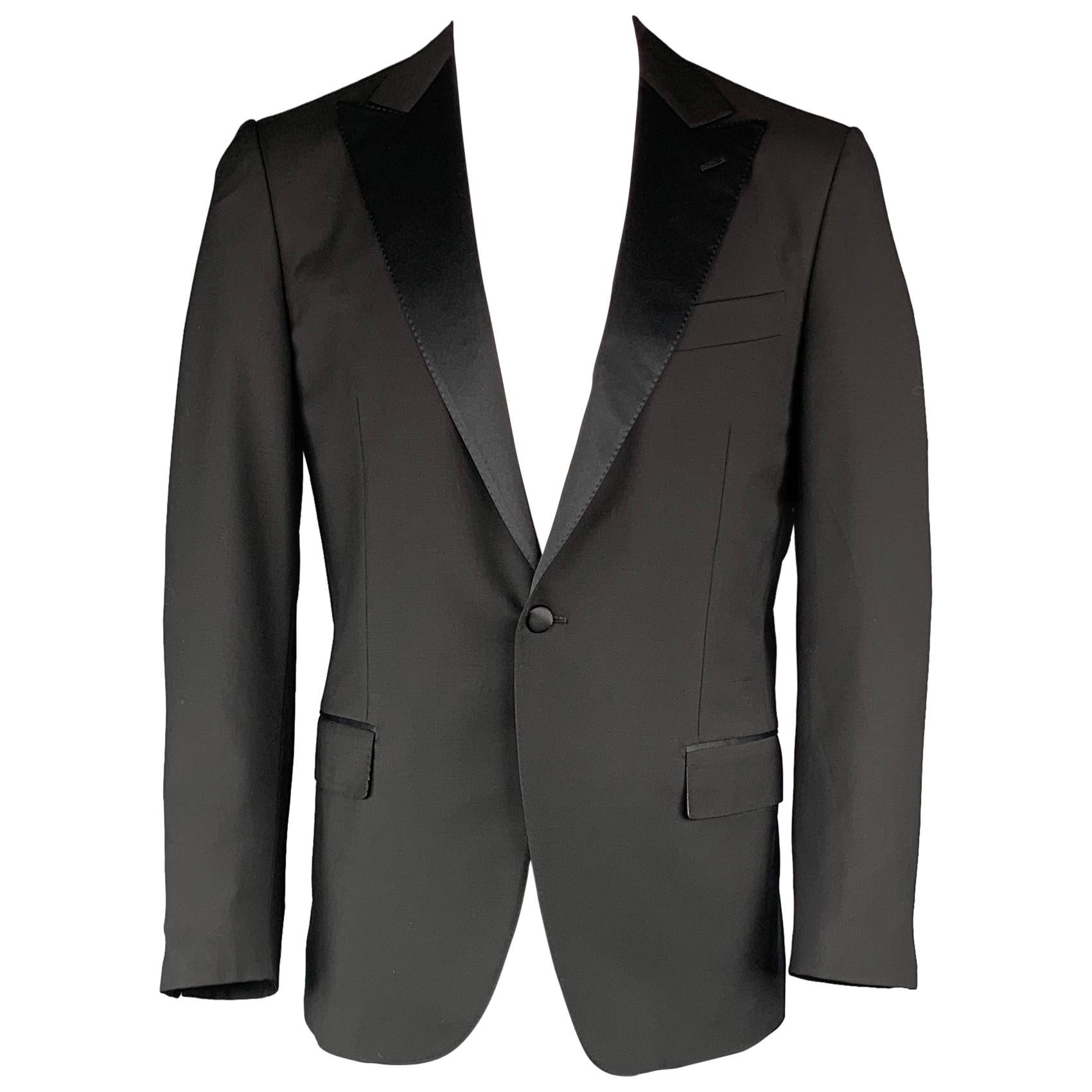 CARUSO 42 Black Solid Wool / Mohair Peak Lapel Tuxedo Suit