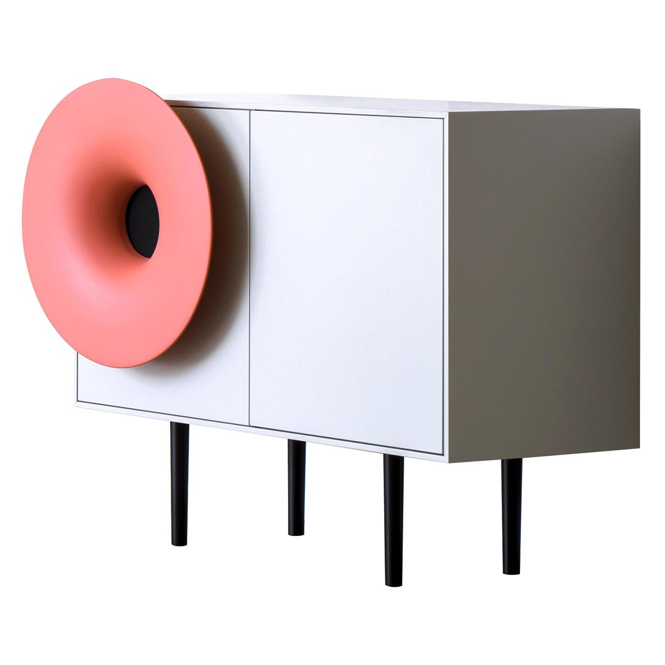 For Sale: Pink (Ceramic Coral Pink) Caruso Small Cabinet in White Lacquer Frame and Black Legs, by Paolo Cappello