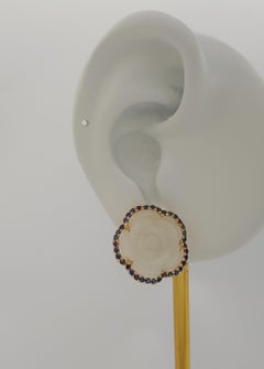 Carve Flower Jade with Purple Sapphire Earrings set in 18K Gold Settings