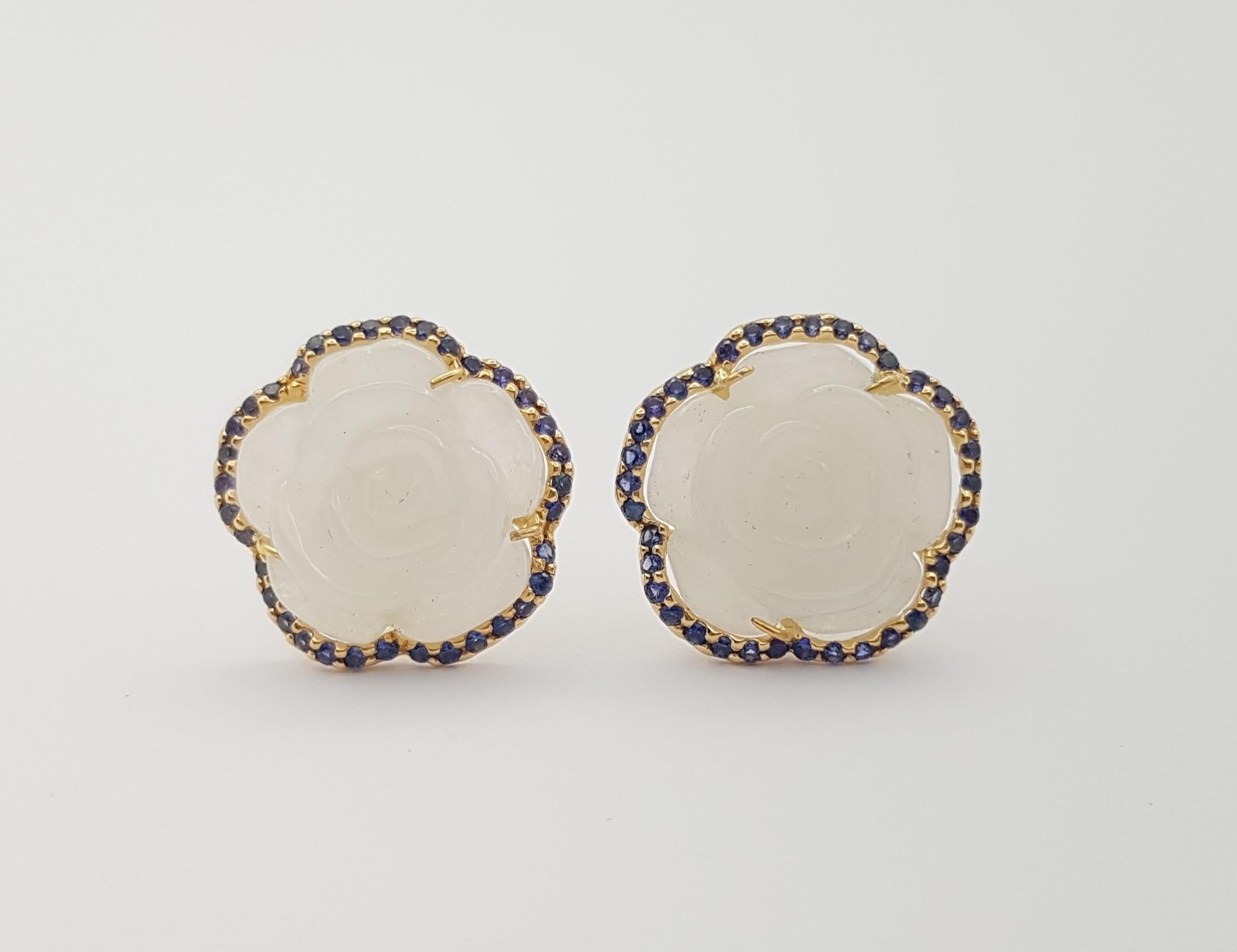 Women's Carve Flower Jade with Purple Sapphire Earrings set in 18K Gold Settings For Sale