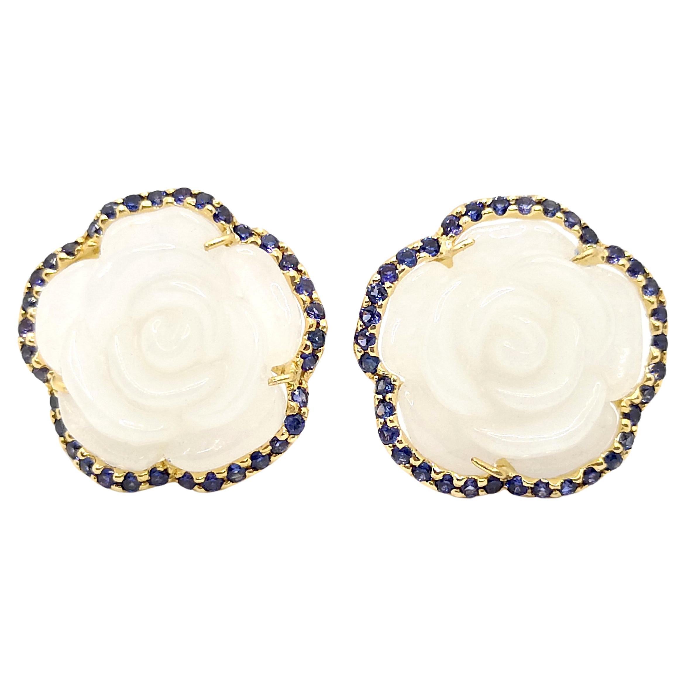Carve Flower Jade with Purple Sapphire Earrings set in 18K Gold Settings