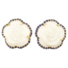 Carve Flower Jade with Purple Sapphire Earrings set in 18K Gold Settings
