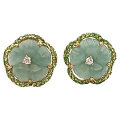 Carve Jade, Tsavorite and Diamond Flower Earrings set in 18K Gold Settings Carve Jade, Tsavorite and Diamond Flower Earrings set in 18K Gold Settings