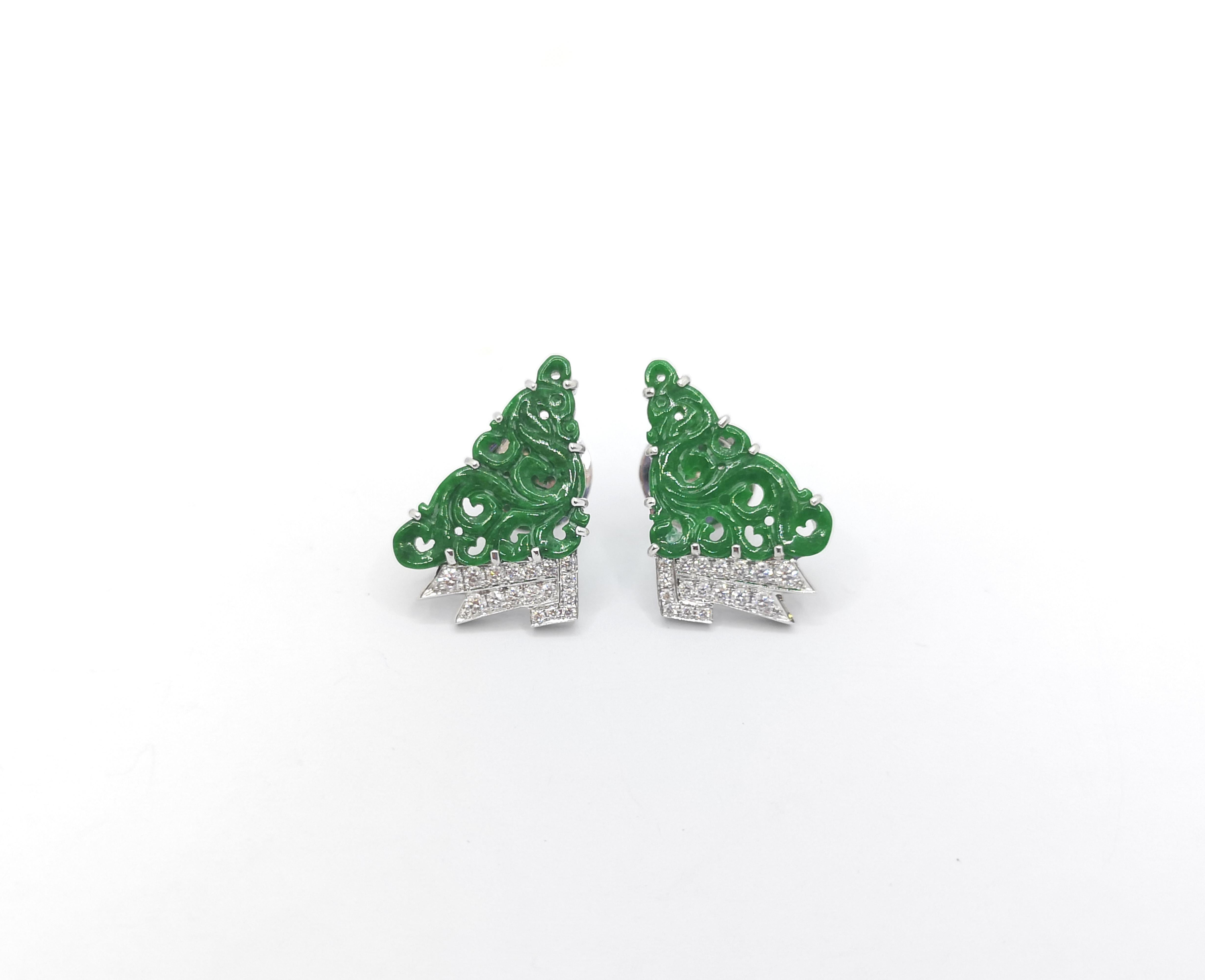 Mixed Cut Carve Jade with Diamond Earrings set in 18K White Gold Settings For Sale