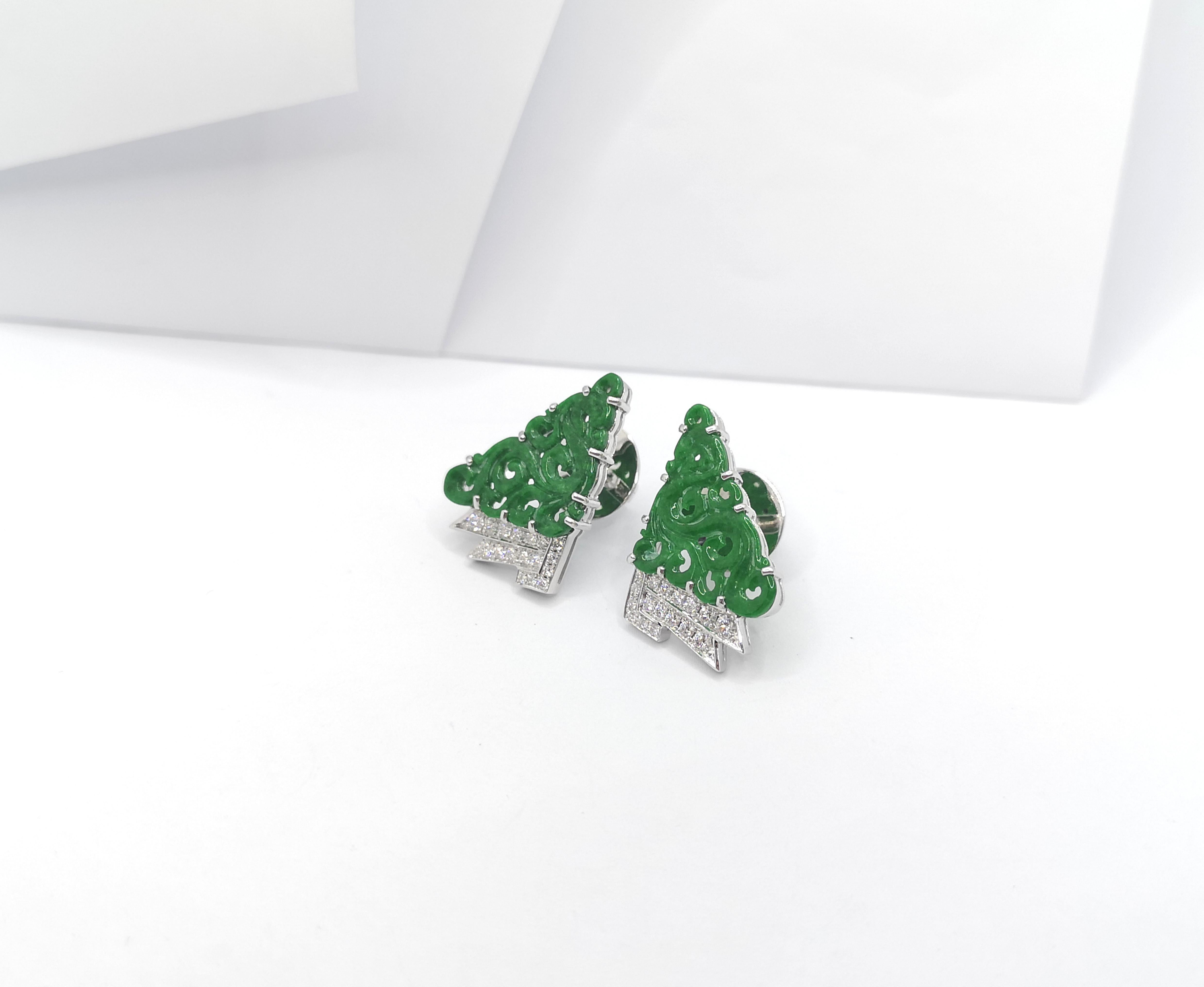 Women's Carve Jade with Diamond Earrings set in 18K White Gold Settings For Sale