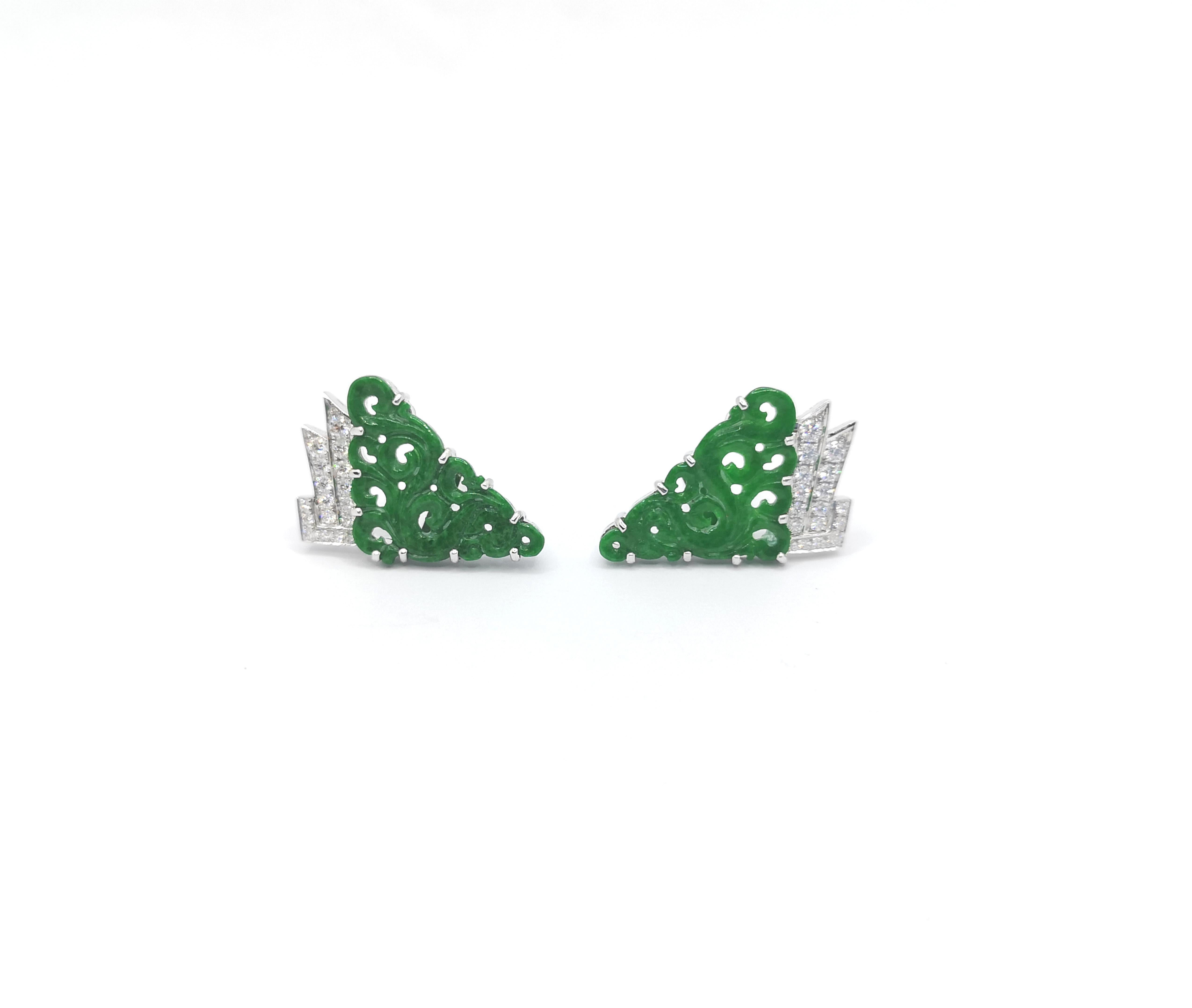 Carve Jade with Diamond Earrings set in 18K White Gold Settings For Sale 1