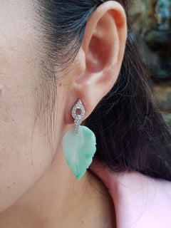 Carve Jade with Diamond Leaf Earrings Set in 18 Karat White Gold Settings
