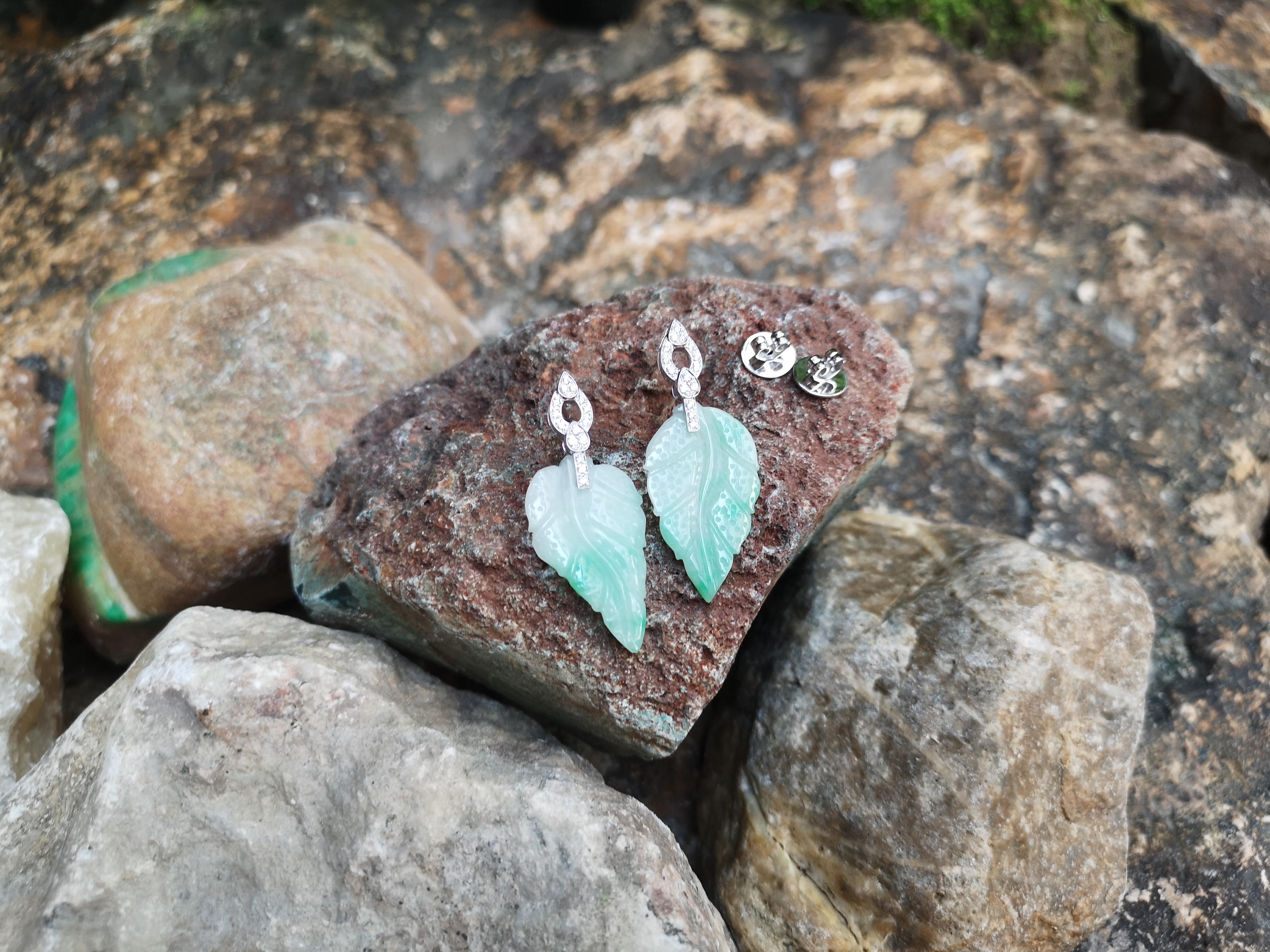 Mixed Cut Carve Jade with Diamond Leaf Earrings Set in 18 Karat White Gold Settings For Sale