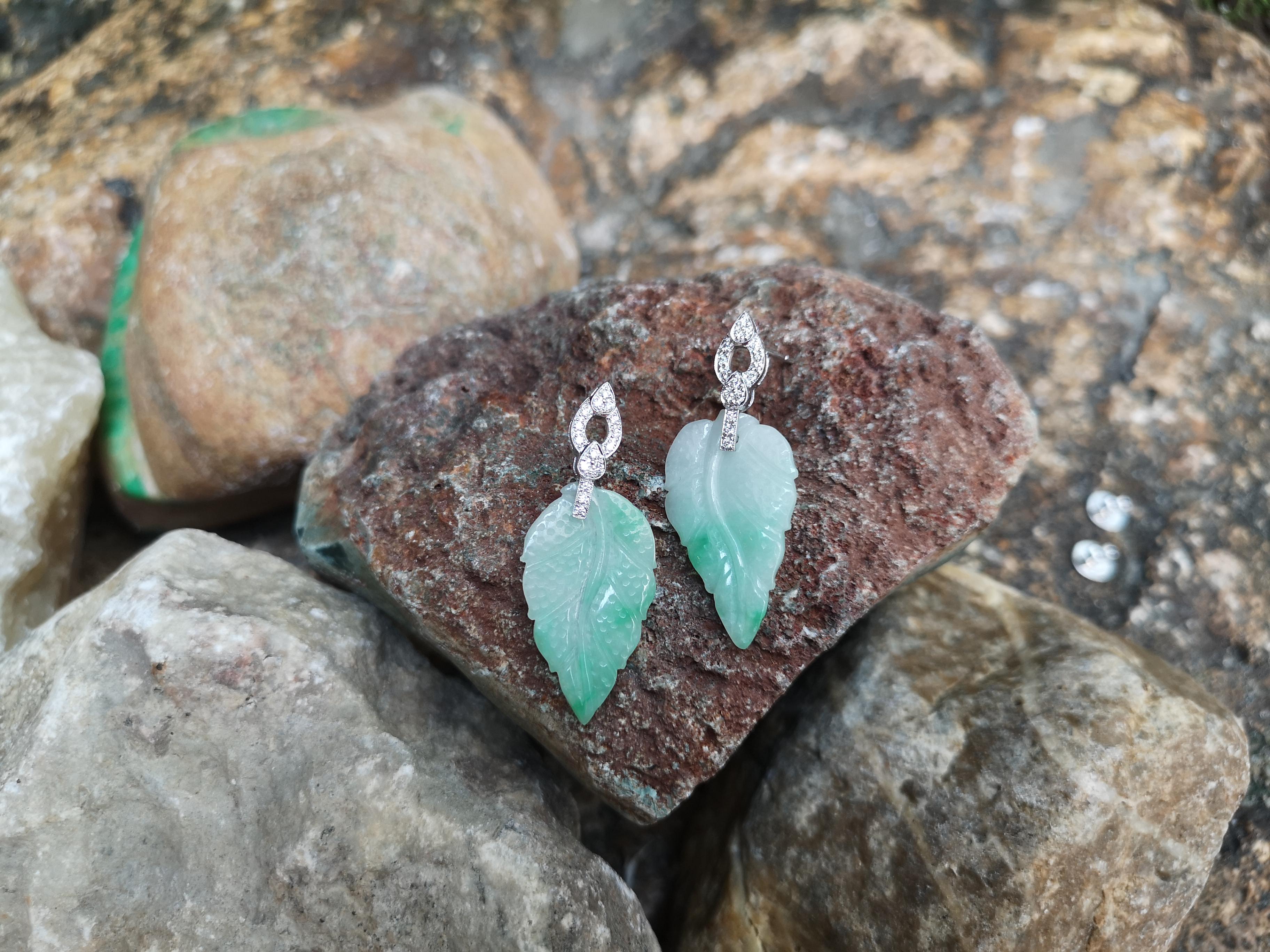 Carve Jade with Diamond Leaf Earrings Set in 18 Karat White Gold Settings For Sale 1