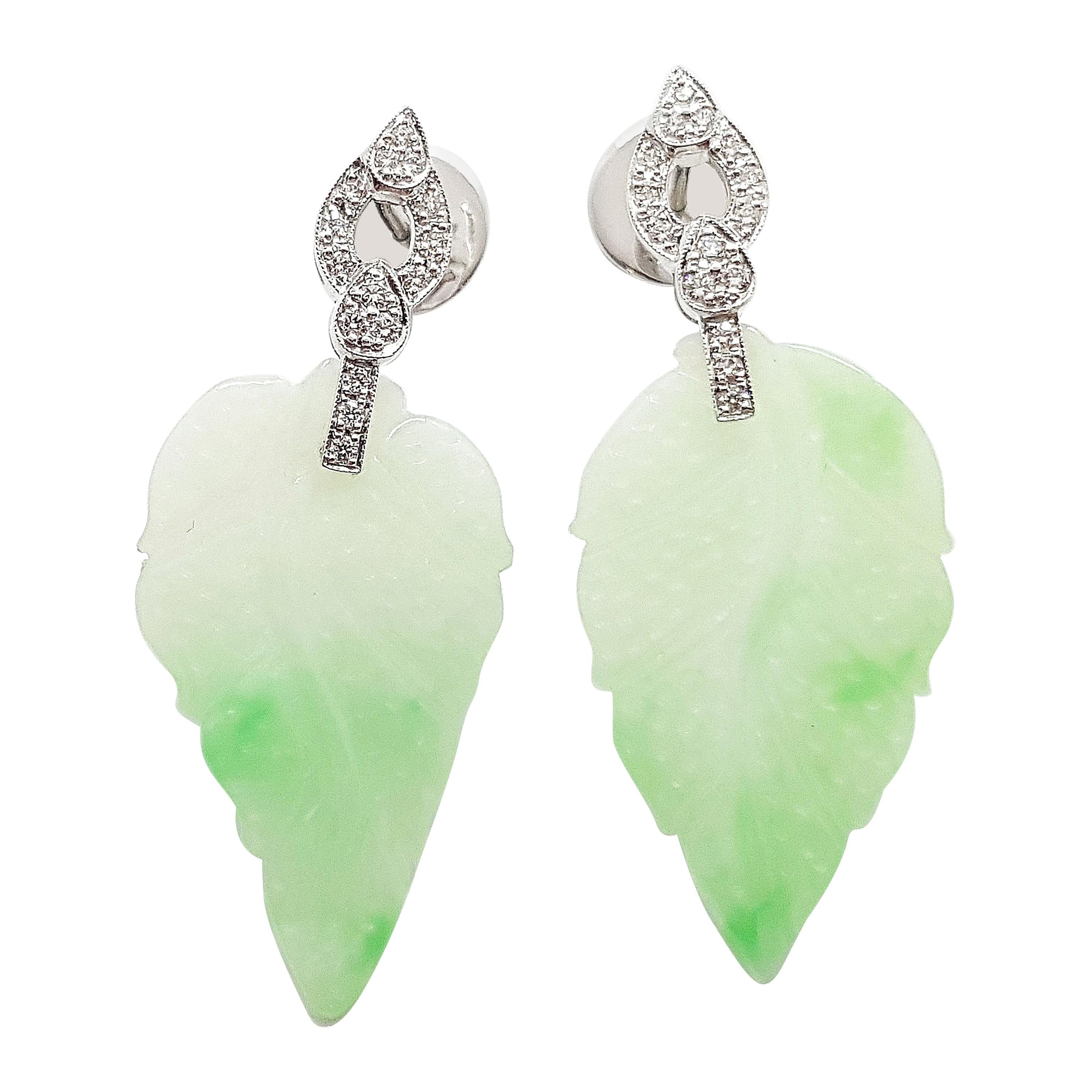 Carve Jade with Diamond Leaf Earrings Set in 18 Karat White Gold Settings For Sale