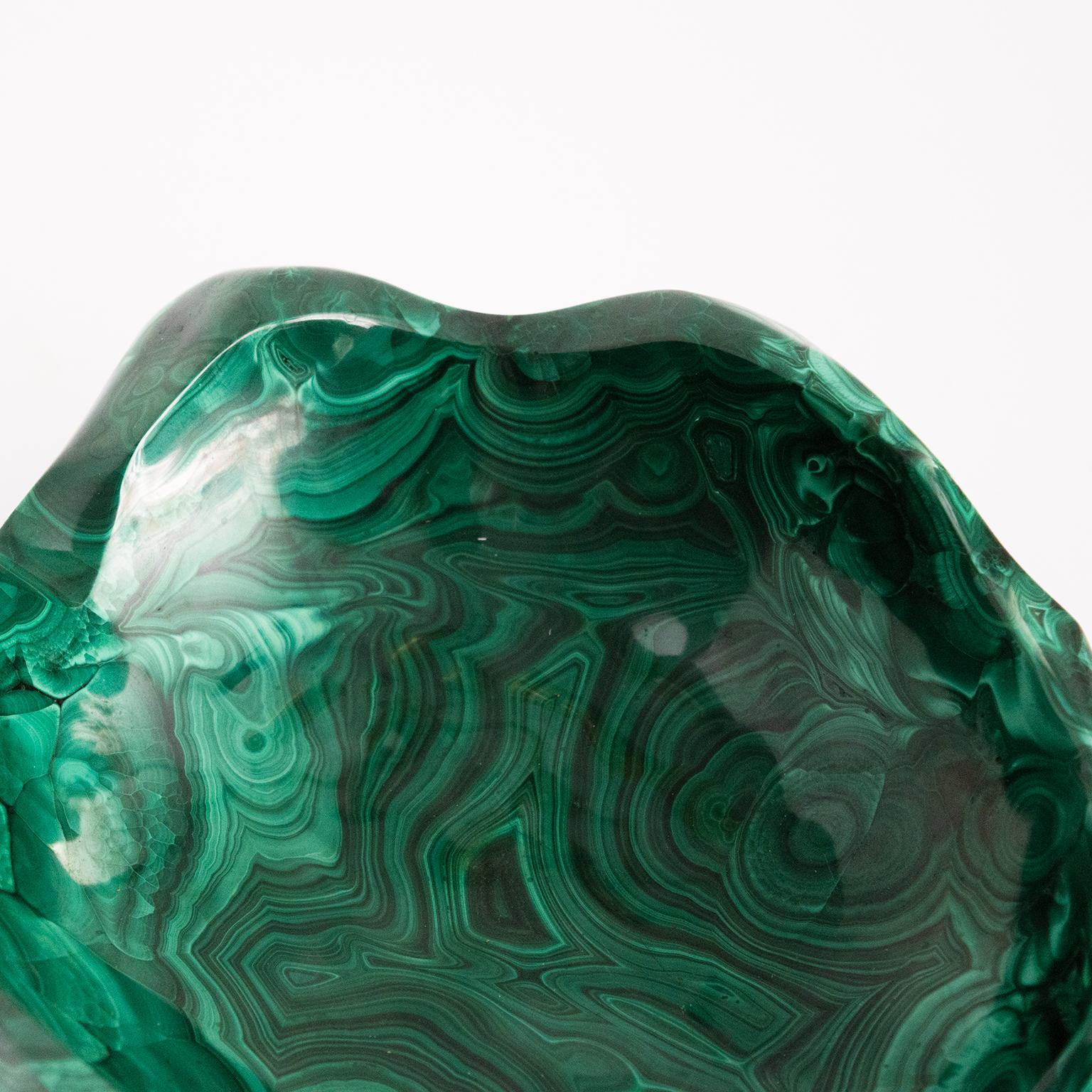 Polished Carve Stone Bowl Made from a Single Piece of Malachite For Sale