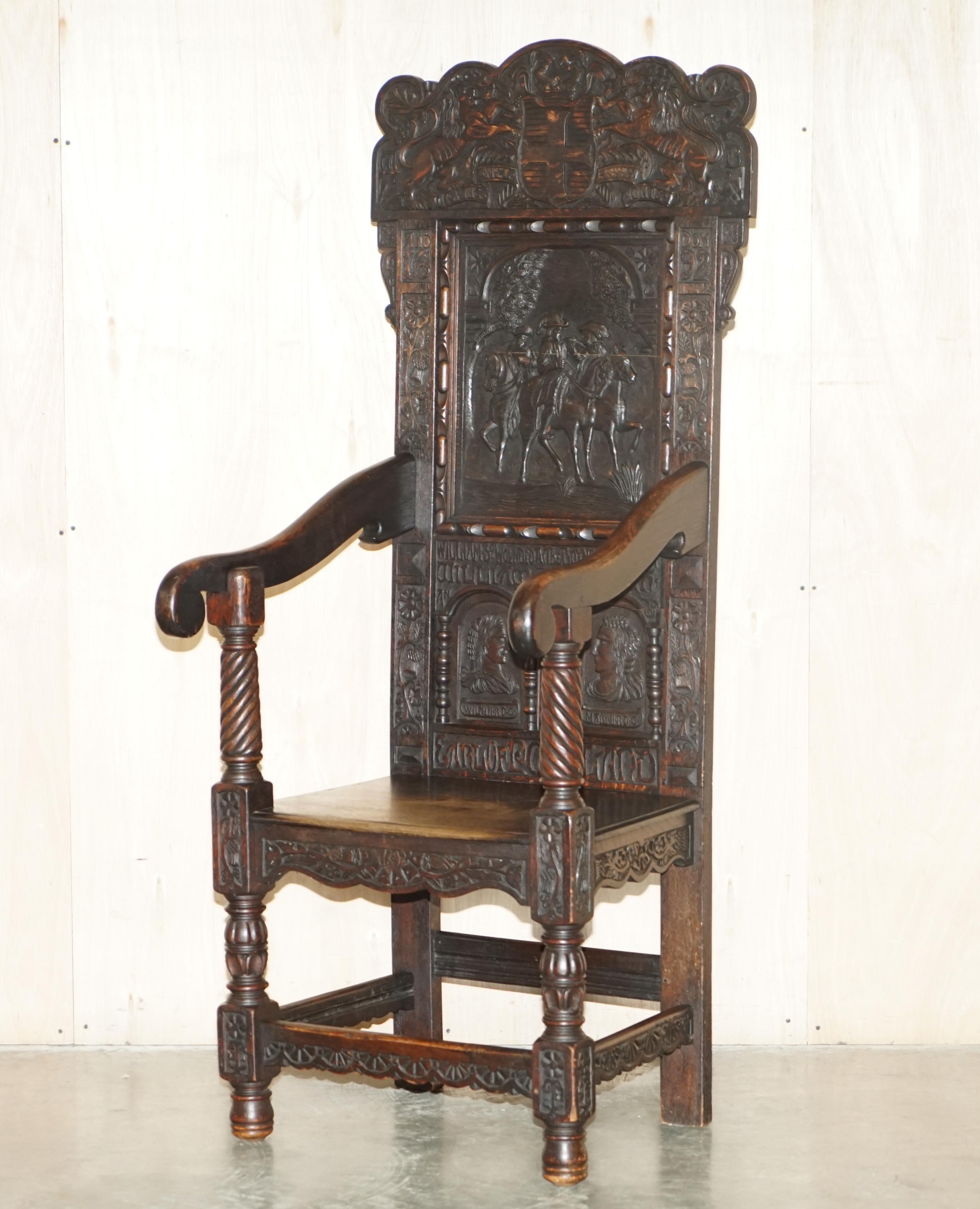 We are delighted to offer for sale this very interesting, 1690-1692 dated, extra large, hand carved, Wainscot armchair which commemorates the 1690 Battle of Boyne

Please note the delivery fee listed is just a guide, it covers within the M25 only