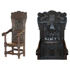 Antique Carved 1690 Dated Commemorative Wainscot Armchair William III Earl of Portland