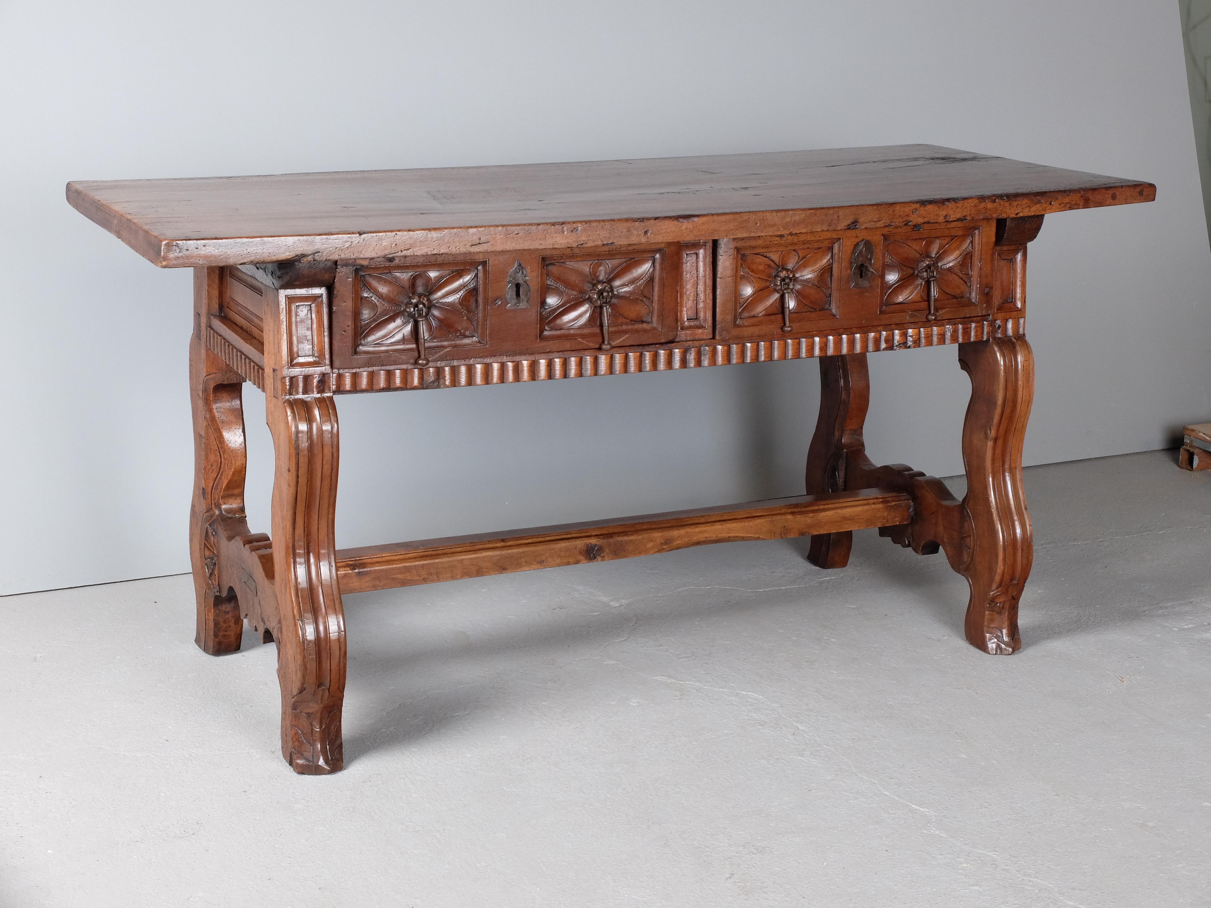 Baroque Carved 17th Century Two-Drawer Spanish Library Table