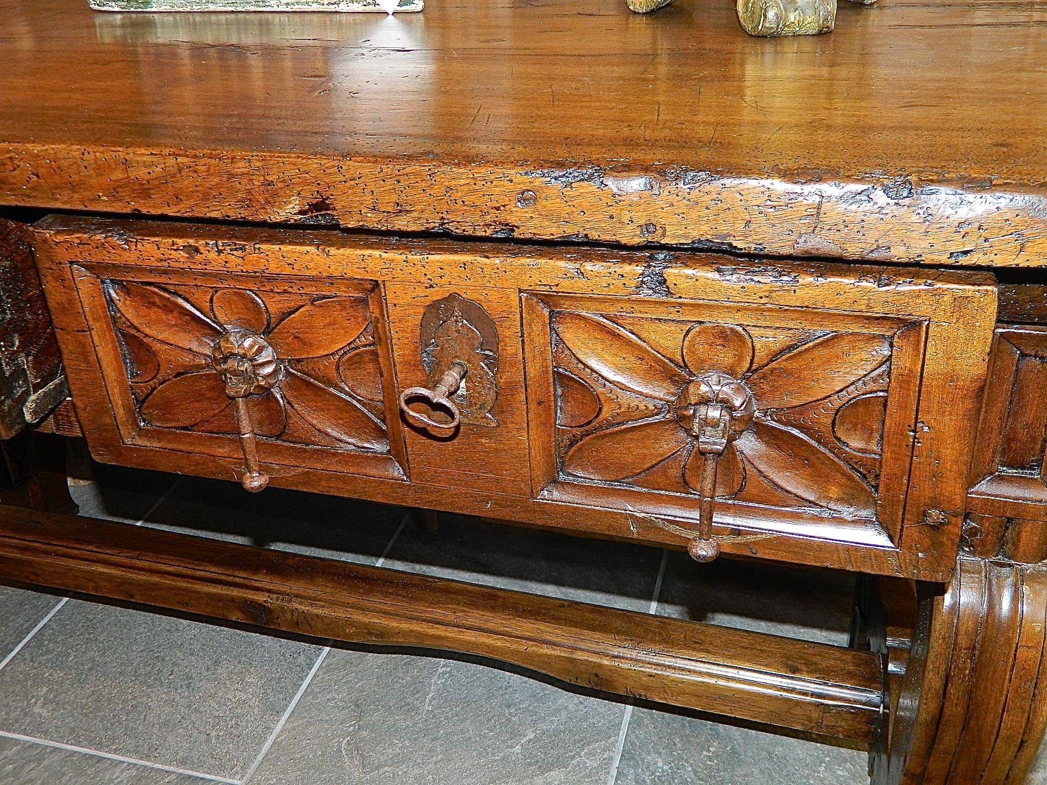 Hand-Carved Carved 17th Century Two-Drawer Spanish Library Table