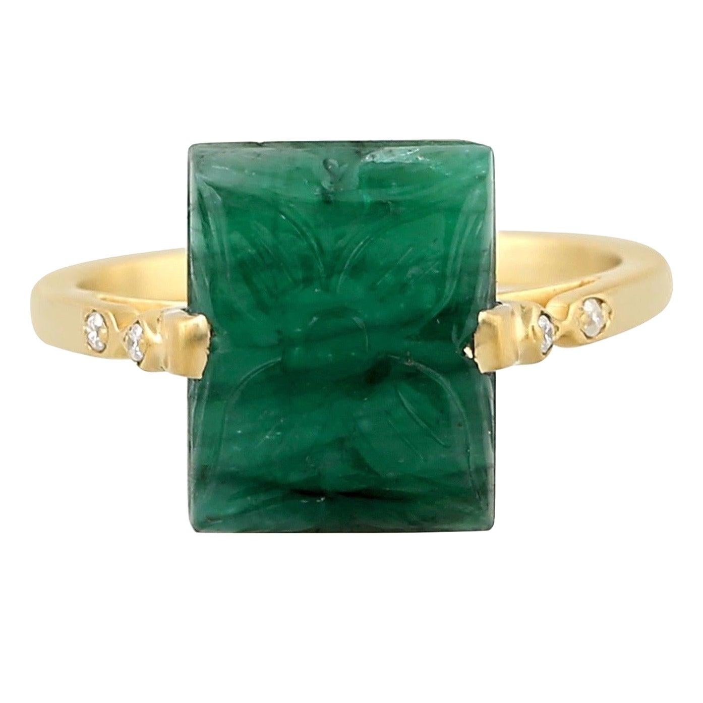 Carved 14 Karat Gold Emerald Diamond Ring