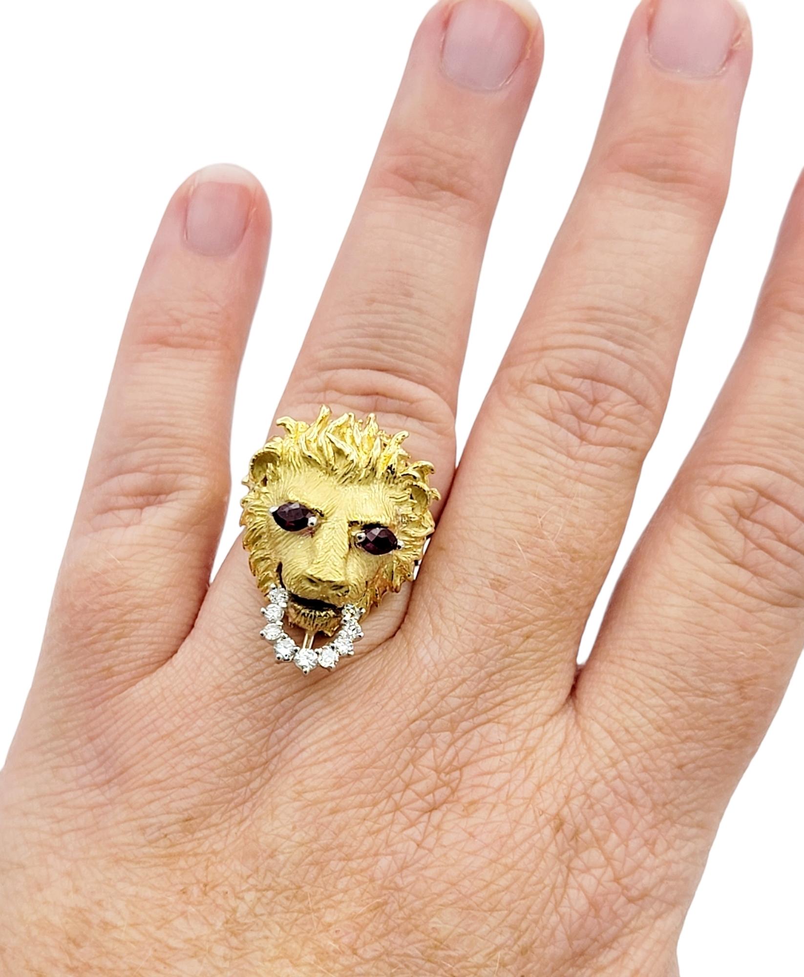 Round Cut Carved 18 Karat Yellow Gold Lion Head Ring with Ruby Eyes and Diamond Bit  For Sale