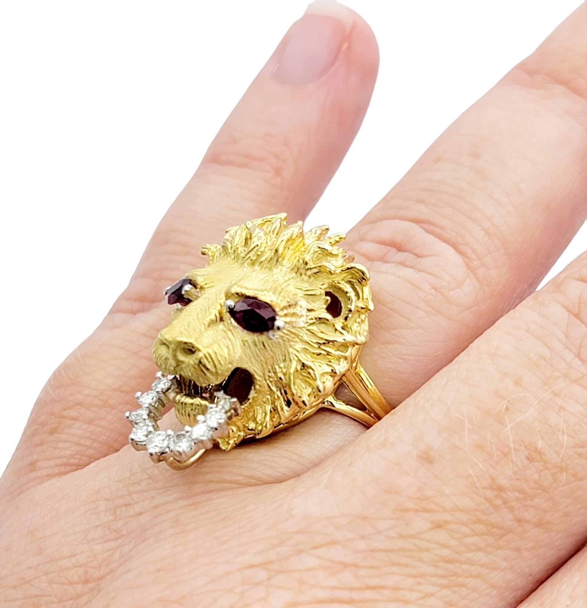 Carved 18 Karat Yellow Gold Lion Head Ring with Ruby Eyes and Diamond Bit  In Good Condition For Sale In Scottsdale, AZ