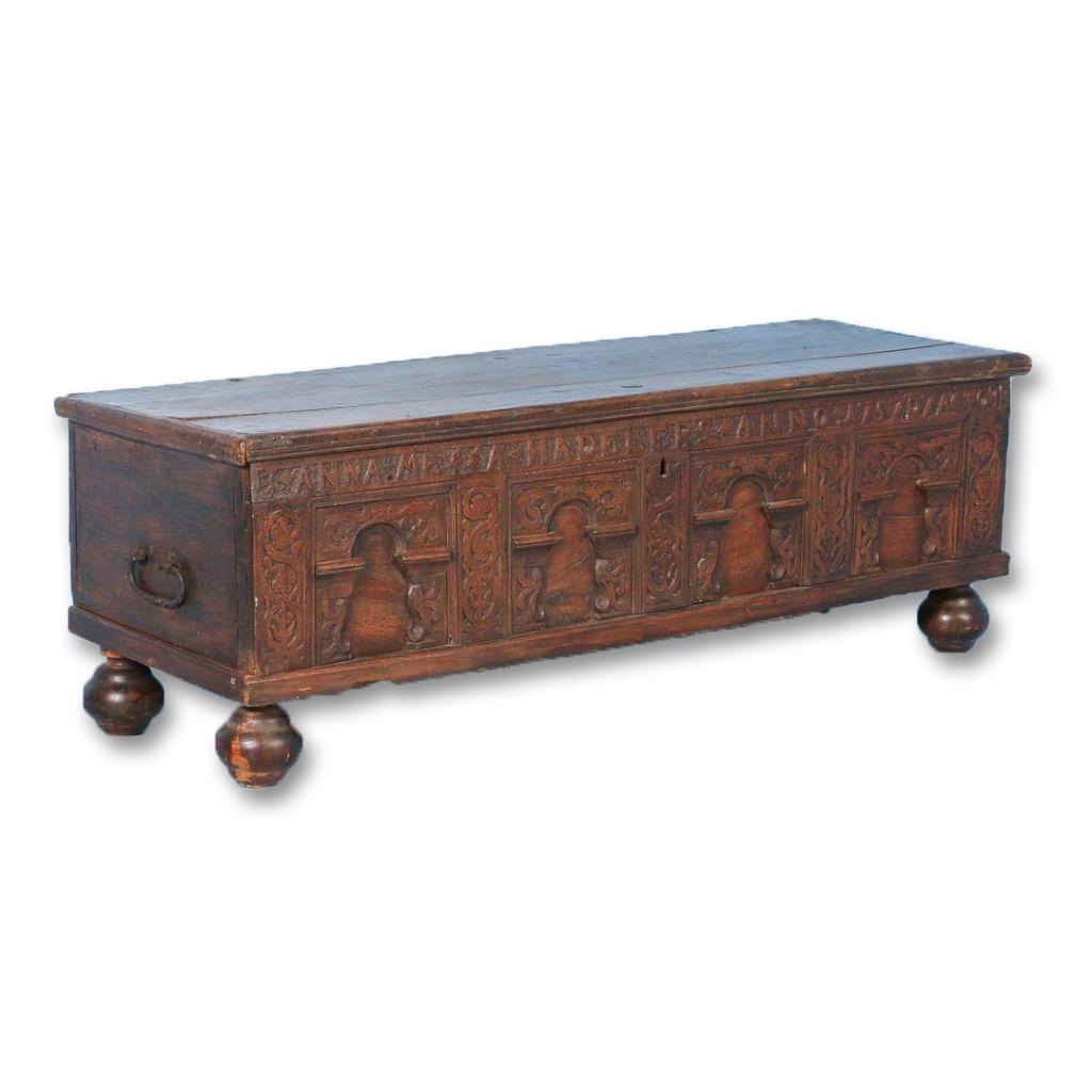 Danish Carved 18th Century Antique Oak Coffer from Denmark, Dated 1757