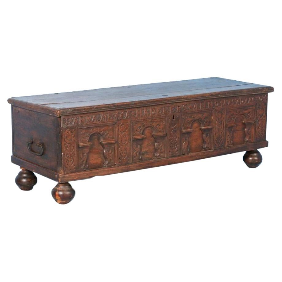 Carved 18th Century Antique Oak Coffer from Denmark, Dated 1757