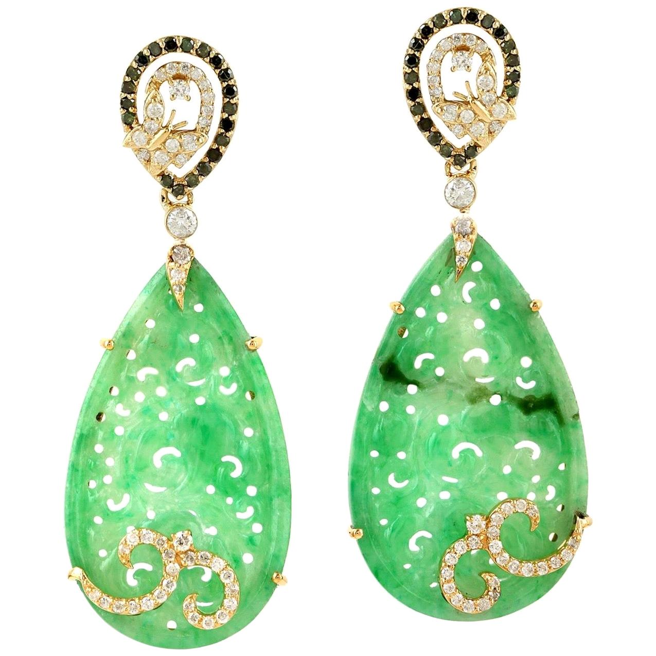 Carved 19.0 Carat Jade Diamond 18 Karat Gold Earrings