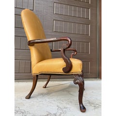 Carved Queen Anne Armchair, Faux Leather & Wood, English, Circa 1890s