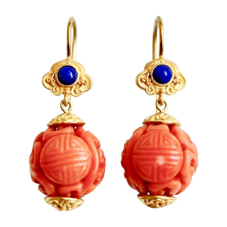 Carved 19th Chinese Antique Coral & Lapis Lazuli 18 Karat Gold Bespoke Earrings