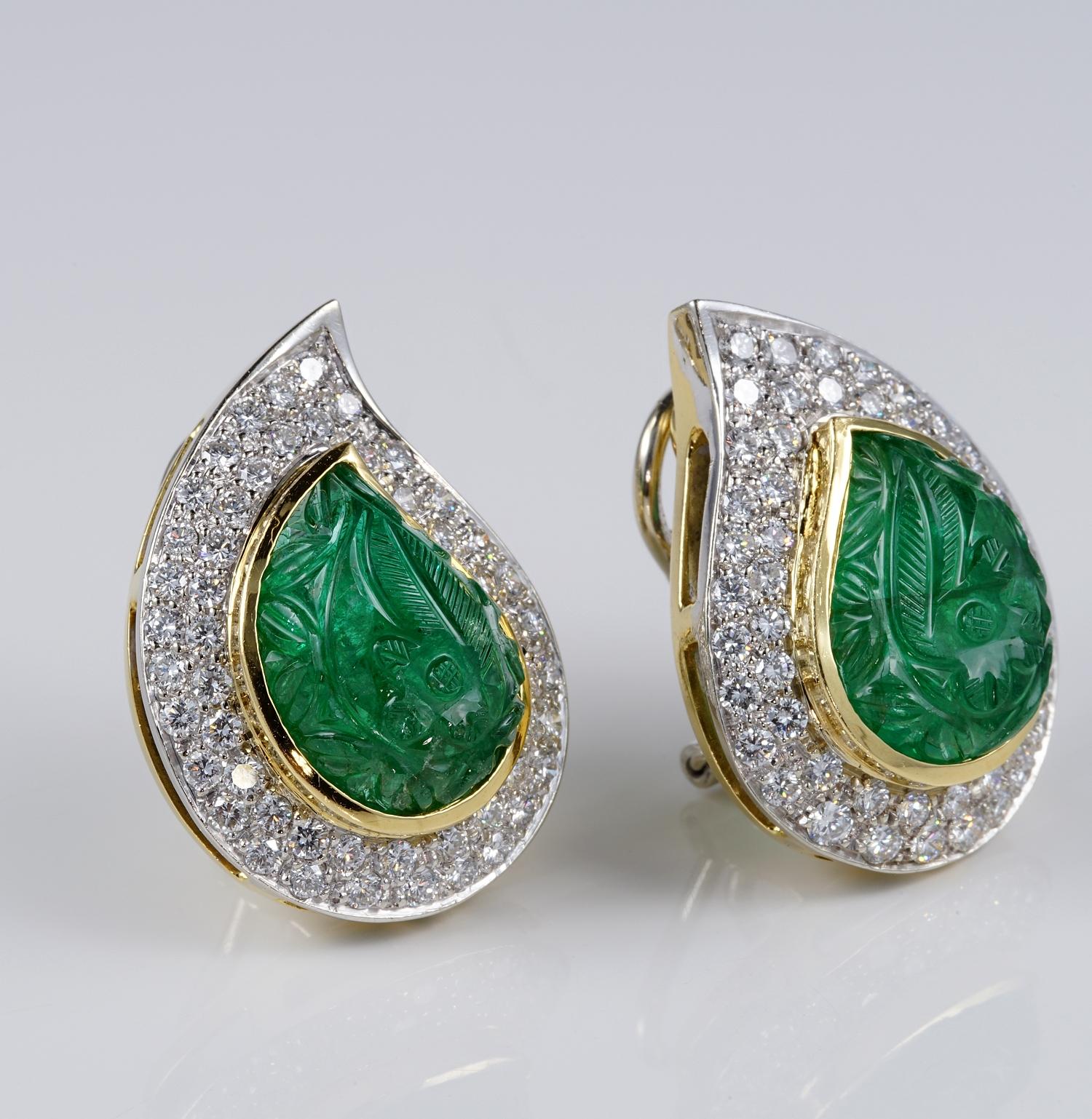 Contemporary Carved 22.00 Ct Mughal Carved Emerald 3.00 Ct Diamond Earrings