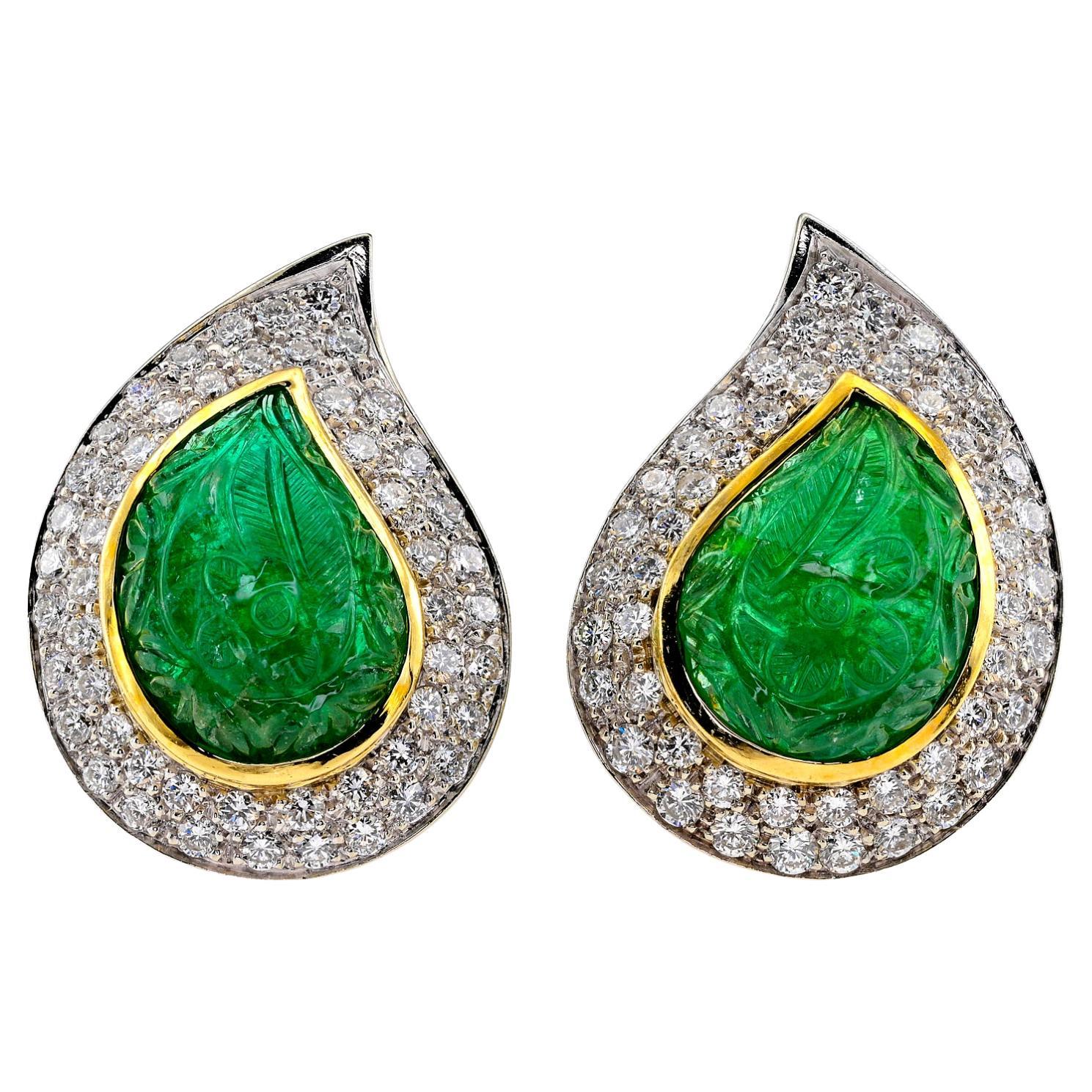 Carved 22.00 Ct Mughal Carved Emerald 3.00 Ct Diamond Earrings