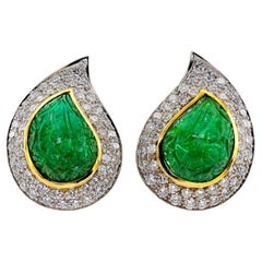 Carved 22.00 Ct Mughal Carved Emerald 3.00 Ct Diamond Earrings