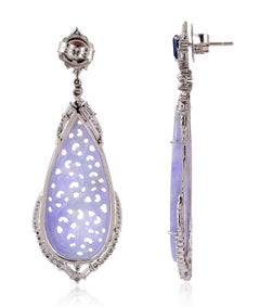 Carved 29.25 Carat Jade Sapphire Diamond 18 Karat Gold Earrings