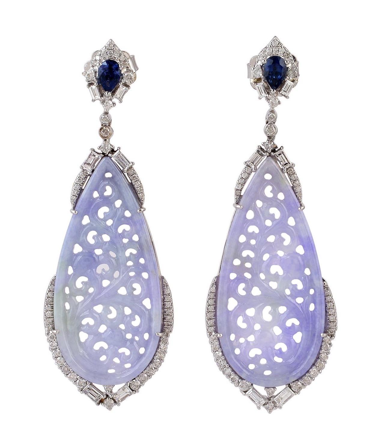 Pear Cut Carved 29.25 Carat Jade Sapphire Diamond 18 Karat Gold Earrings For Sale
