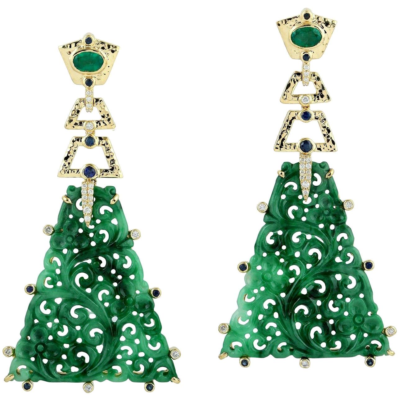 Carved 32.92 Carat Jade Emerald Sapphire Diamond 18 Karat Gold Earrings For Sale