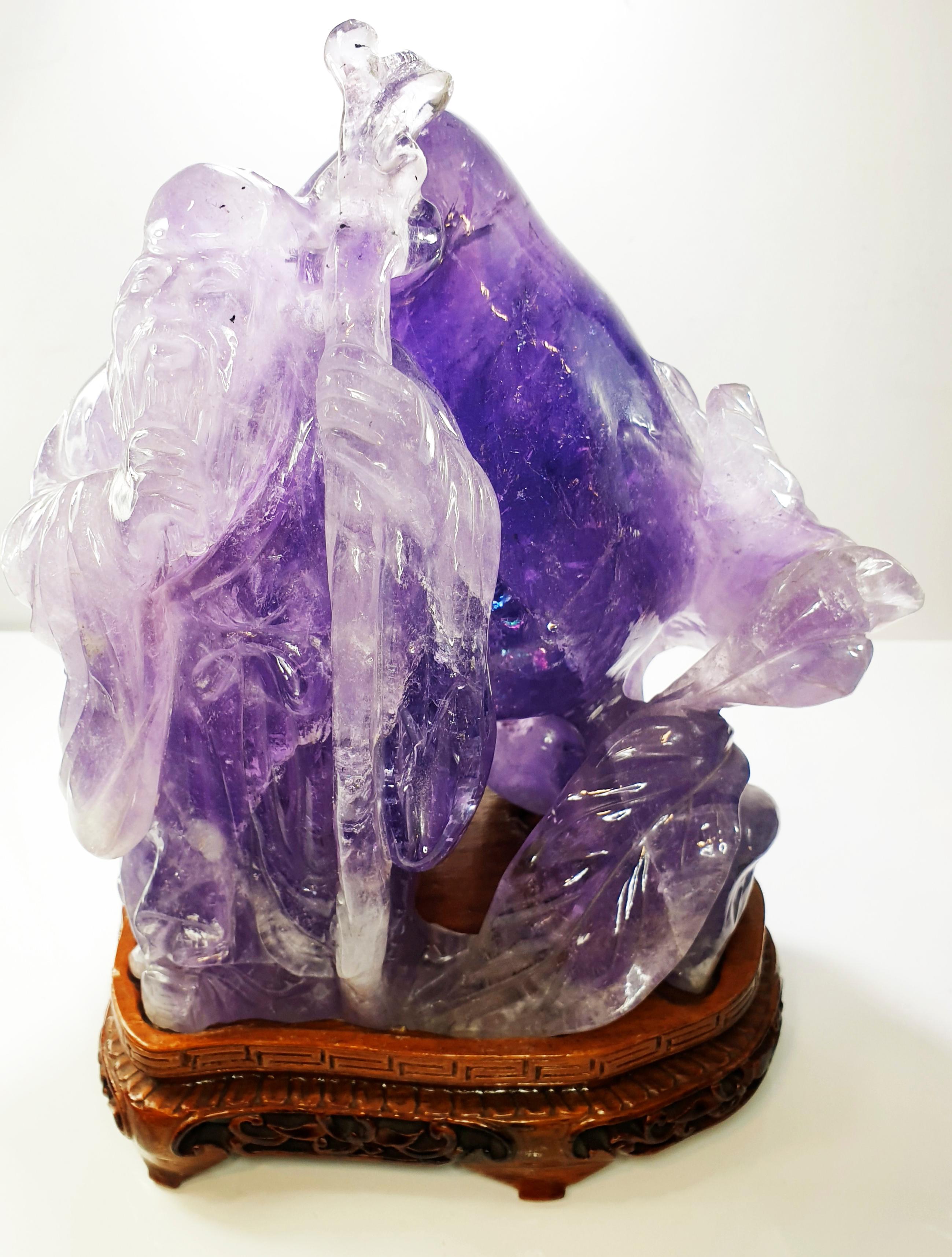 Carved 3.5kg Hardstone Amethyst Figure of Shoulao the Inmortal Chinese God For Sale 3